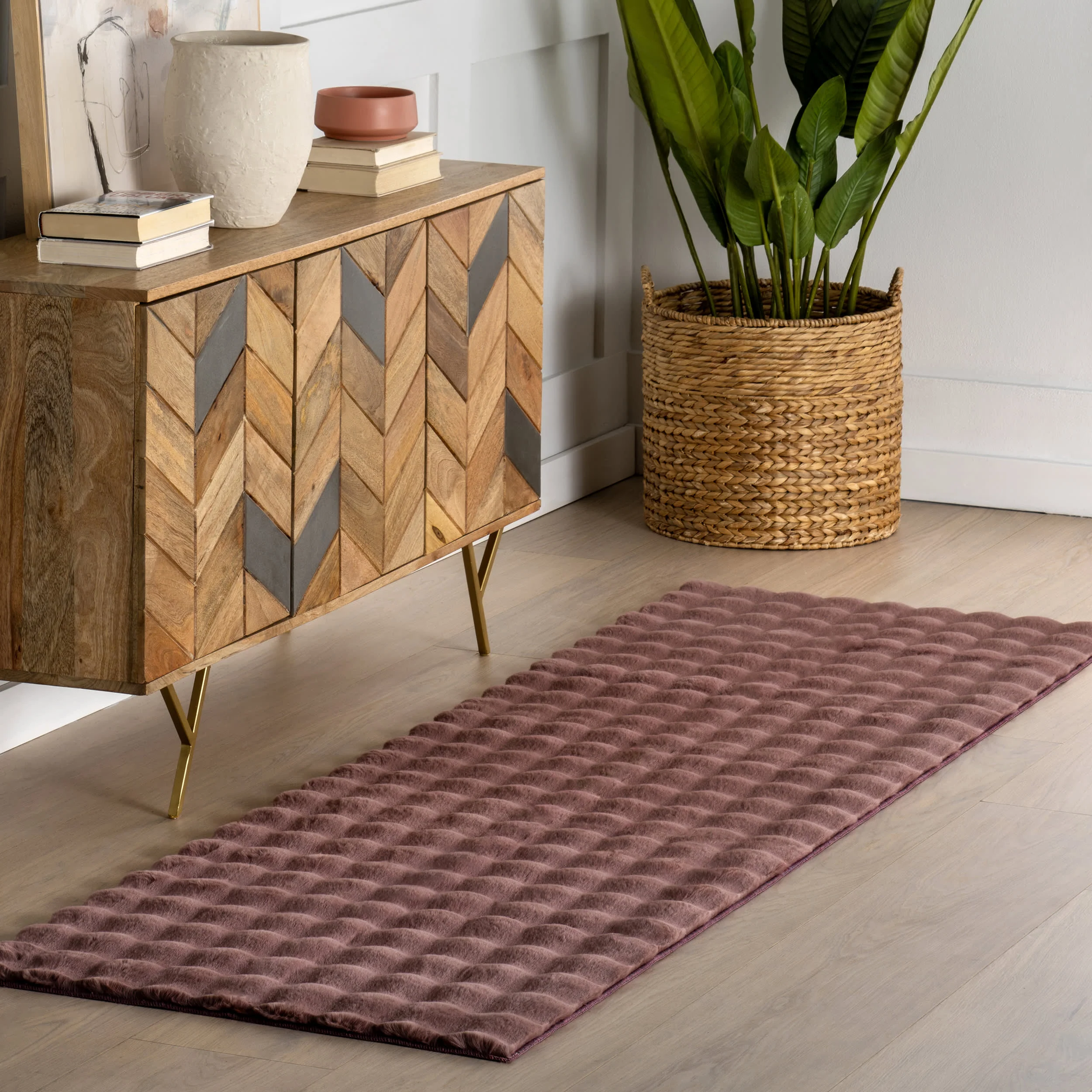 Ivana Checkered Plush Cloud Washable Rug | Burgundy - Image 2
