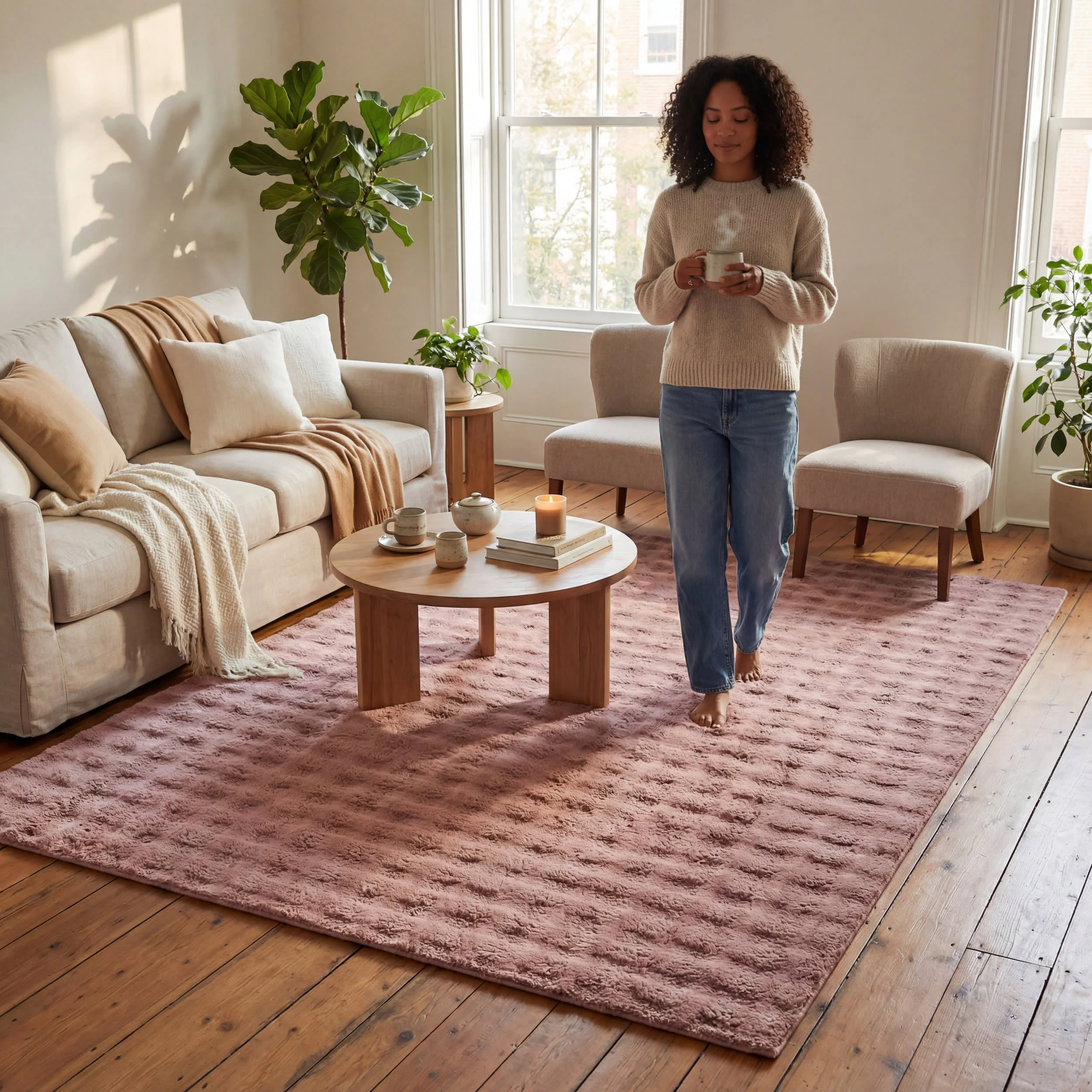 Ivana Checkered Plush Cloud Washable Rug | Burgundy - Image 8