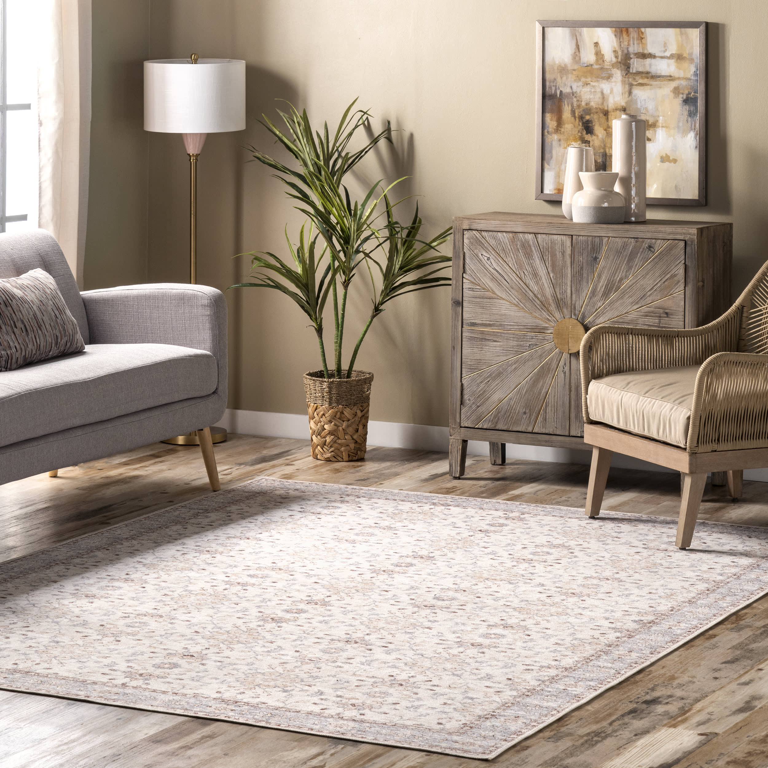 Ivied Blossoms Washable Rug | Light Beige - Image 2