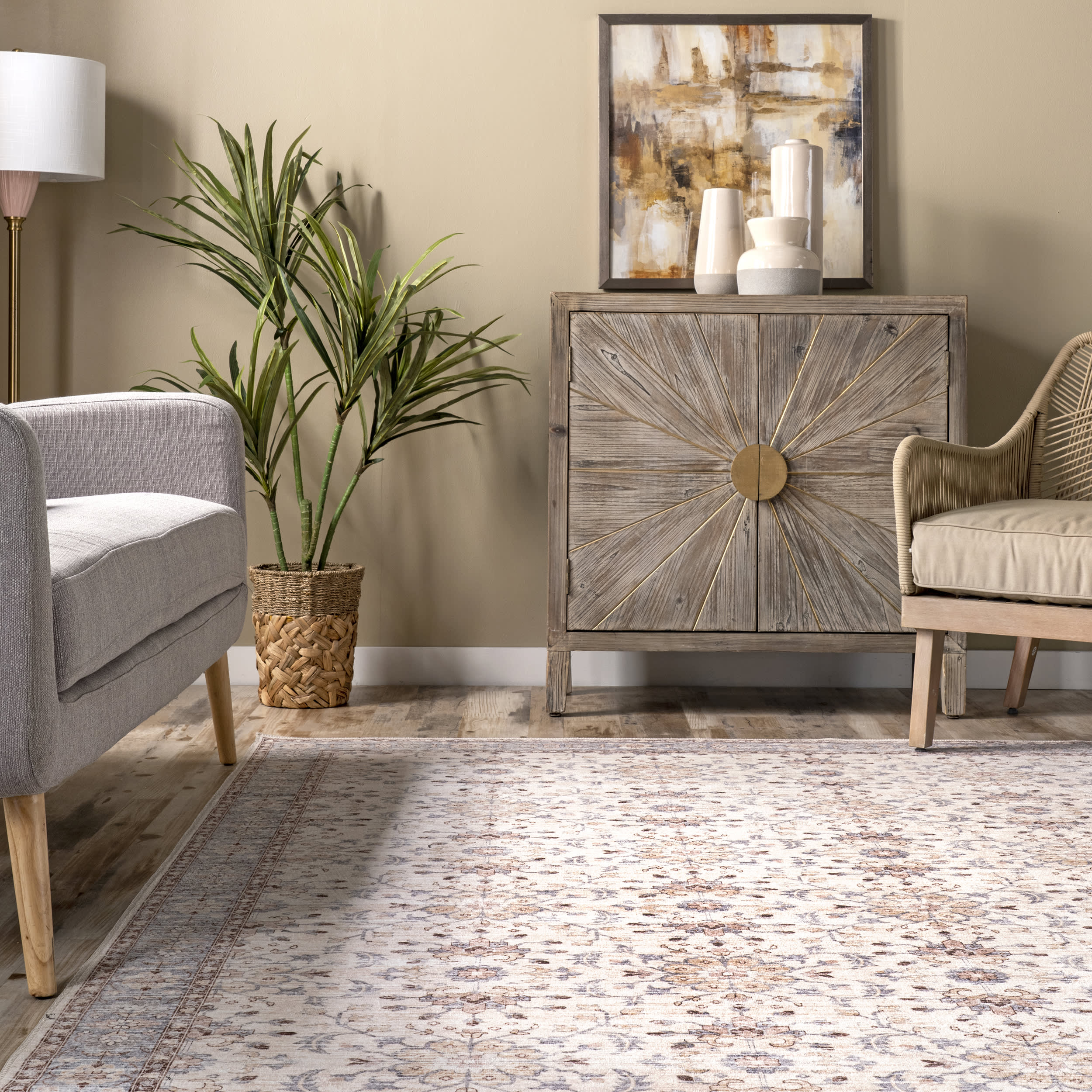 Ivied Blossoms Washable Rug | Light Beige - Image 4