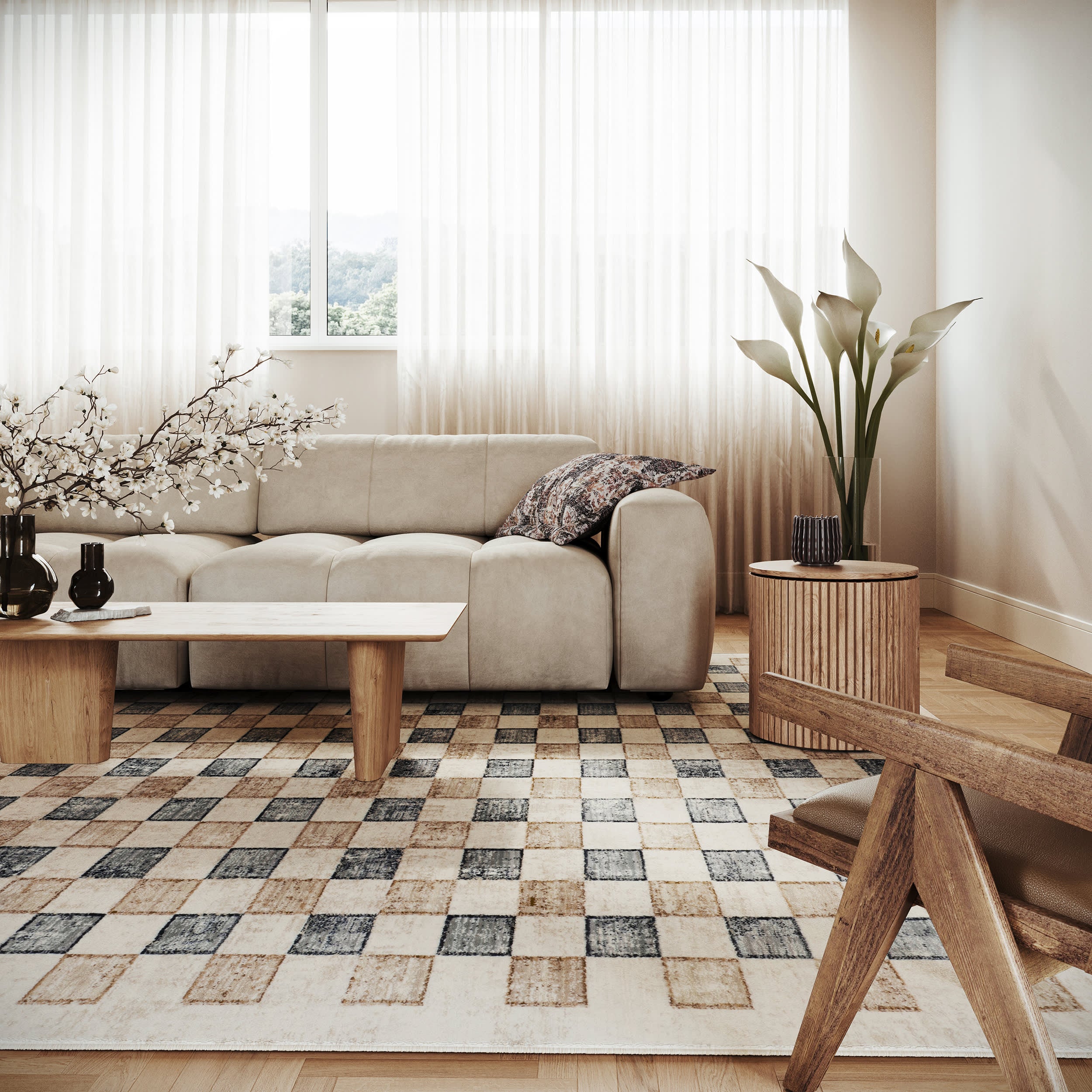 Izenna Modern Checkered Rug | Beige - Image 2