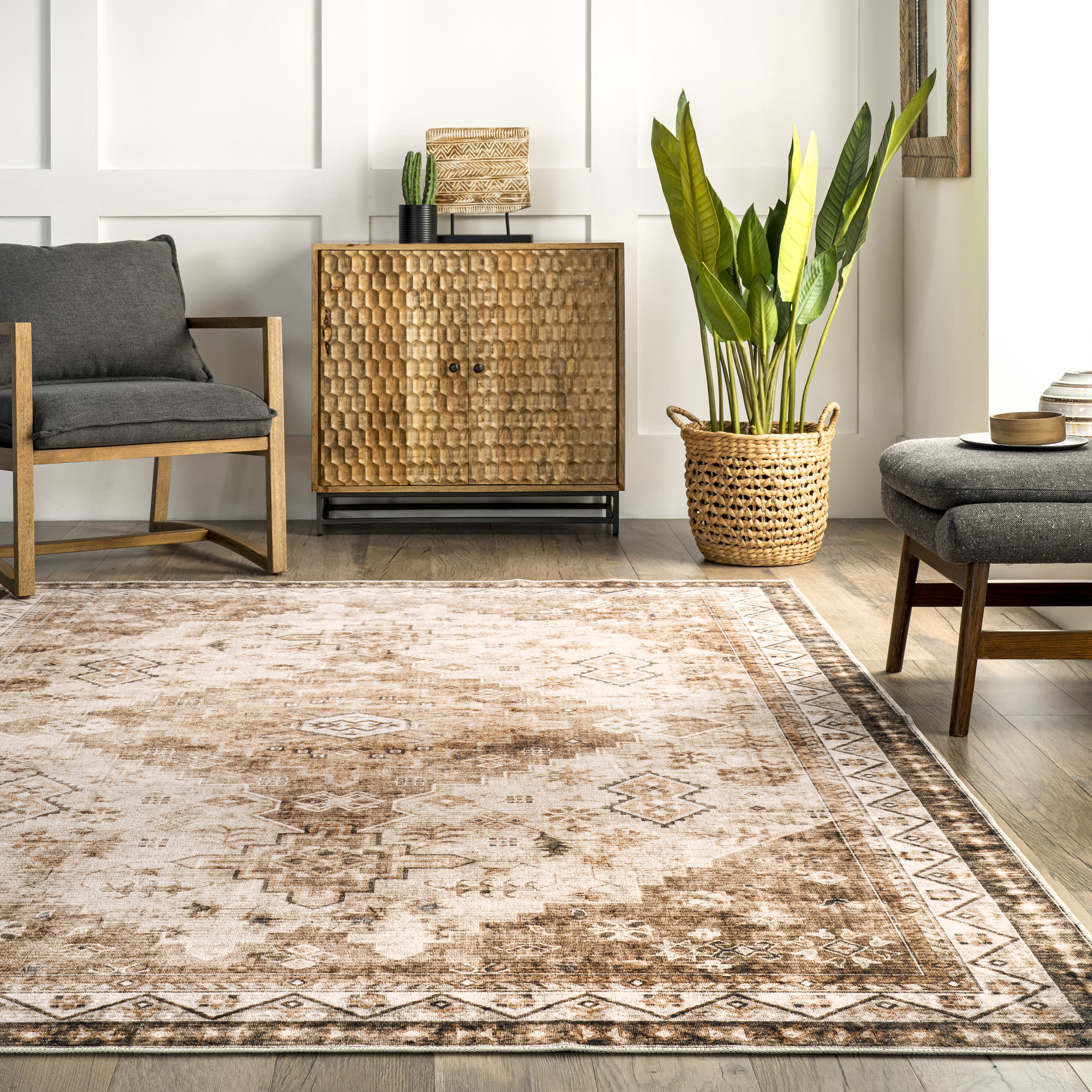 Jessamine Spill Proof Washable Geometric Rug | Beige - Image 4