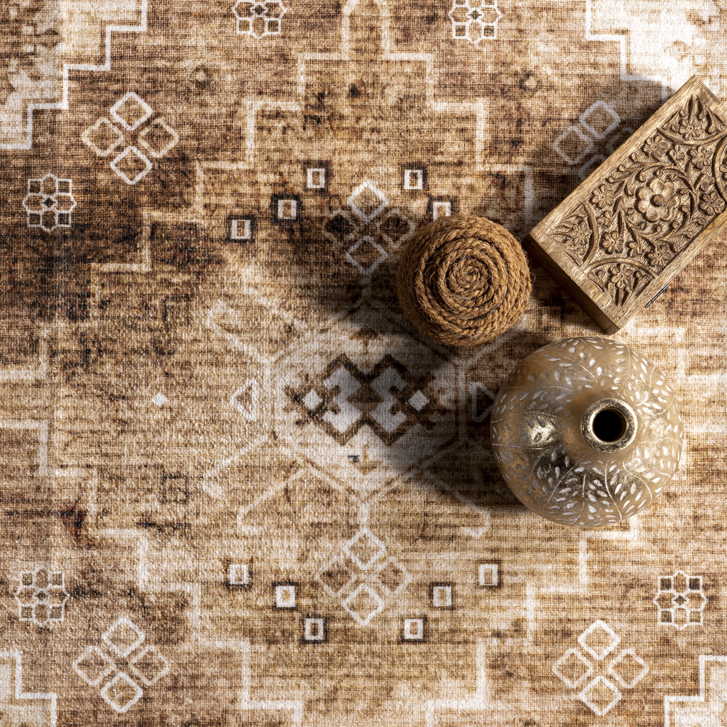 Jessamine Spill Proof Washable Geometric Rug | Tan - Image 6