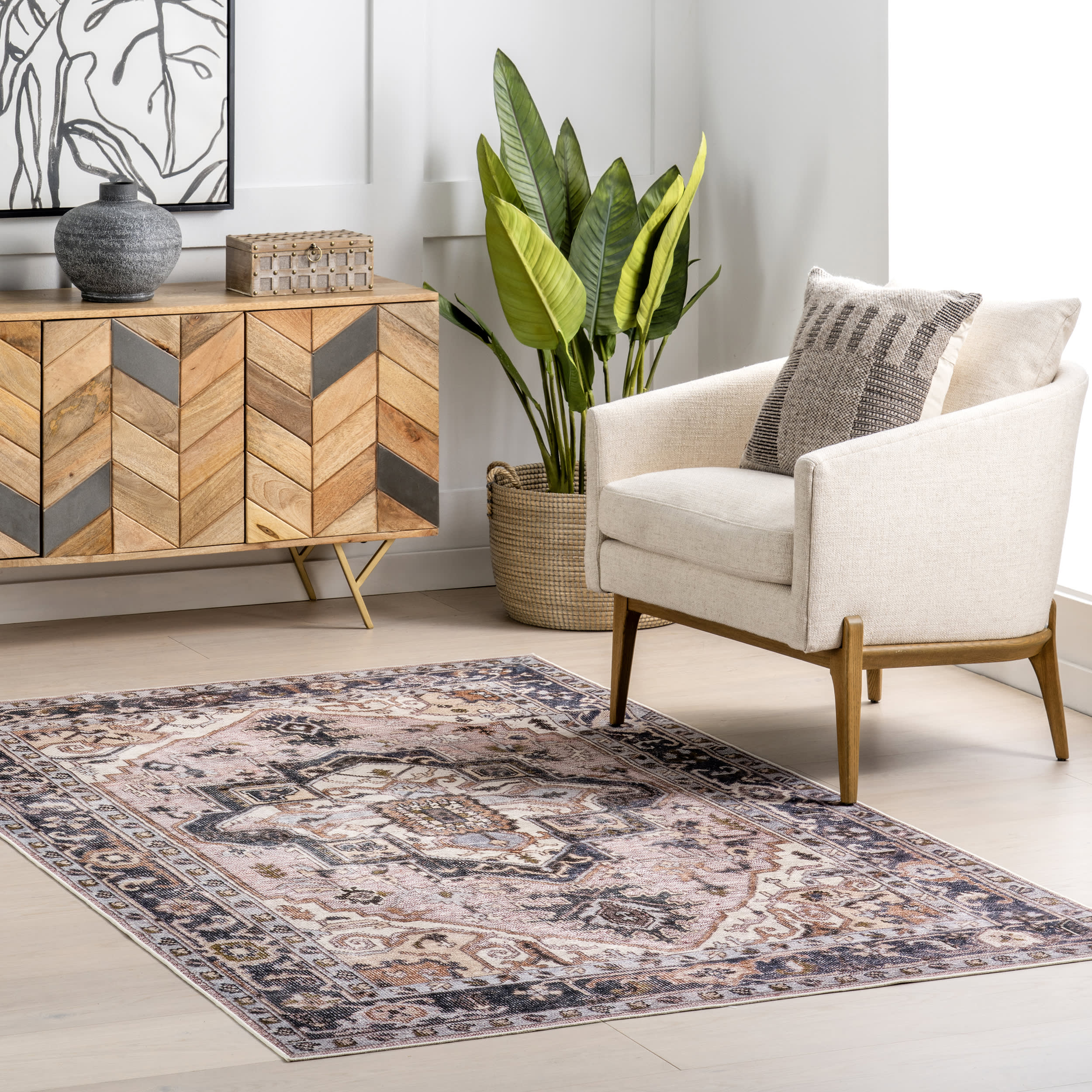 Jewel Medallion Spill Proof Washable Rug | Light Pink - Image 2