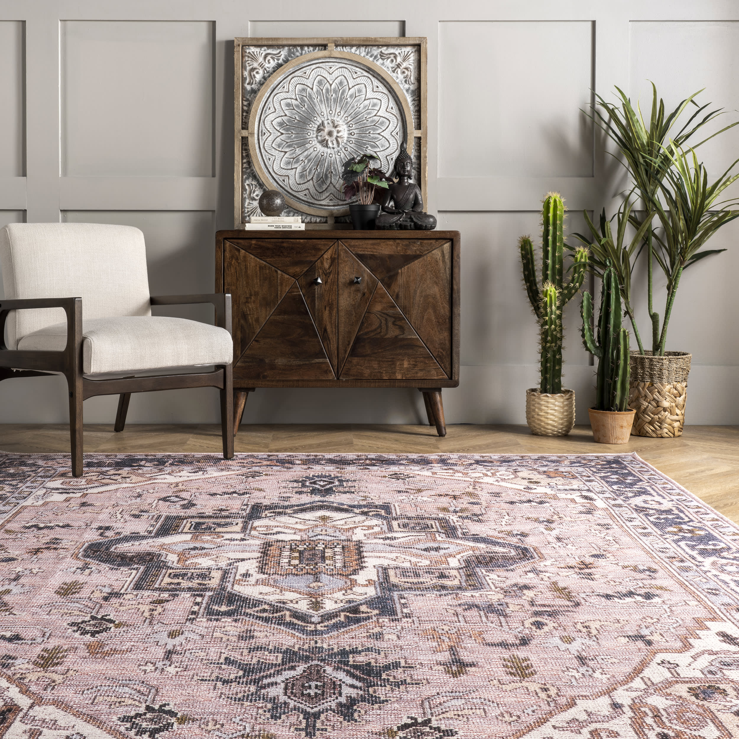 Jewel Medallion Washable Rug | Light Pink - Image 4