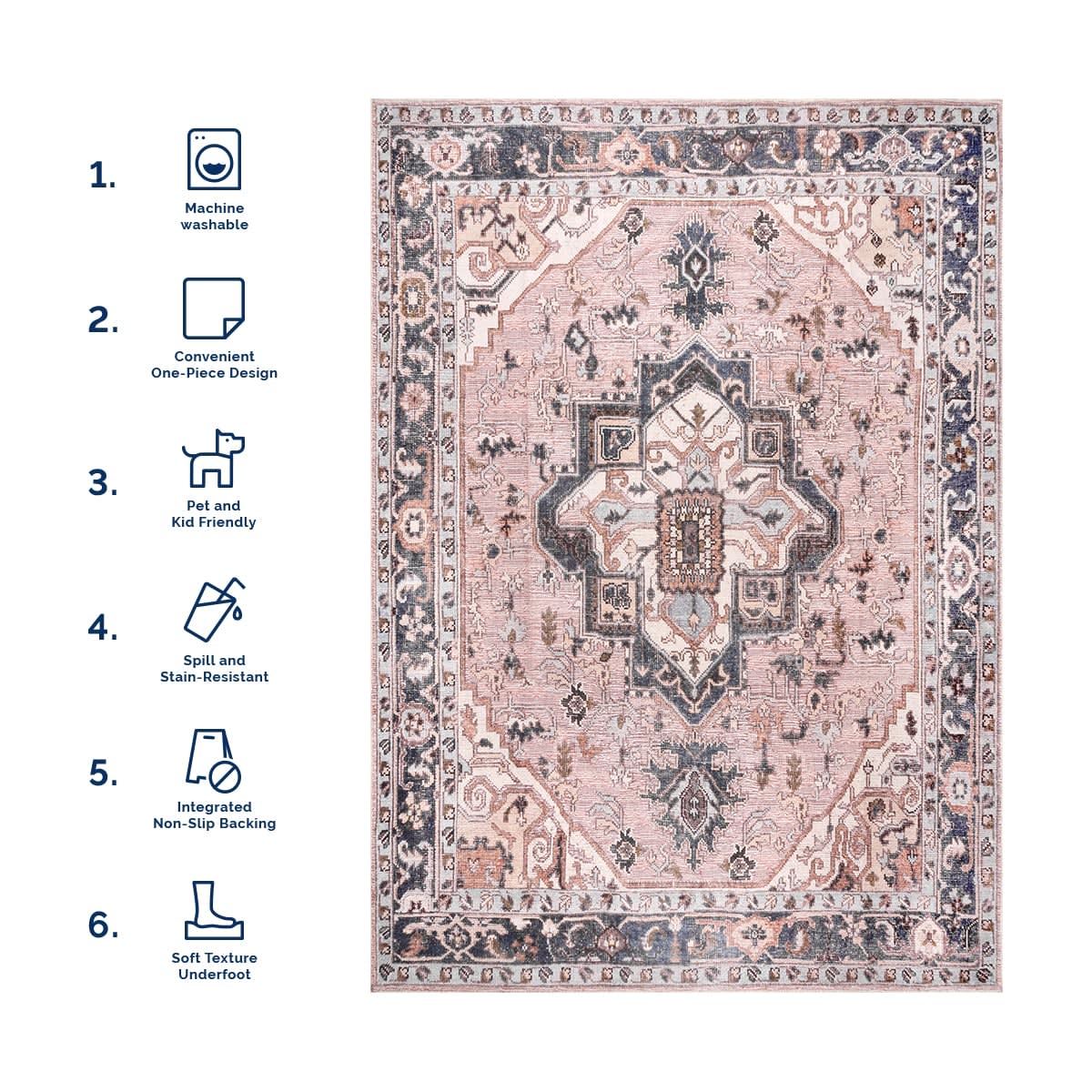 Jewel Medallion Washable Rug | Light Pink - Image 6