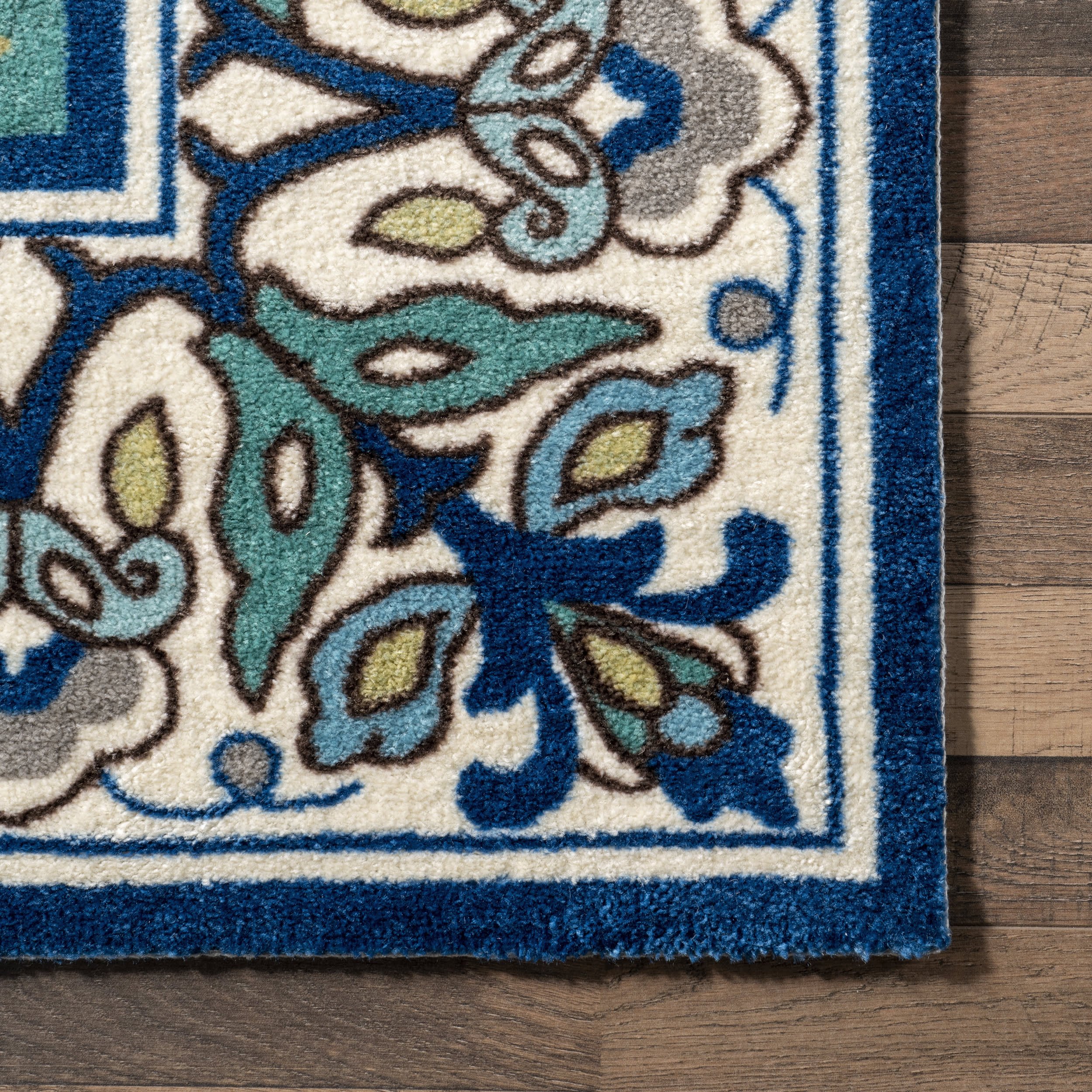 Jewel Tone Floral Printed Rug | Blue - Image 3