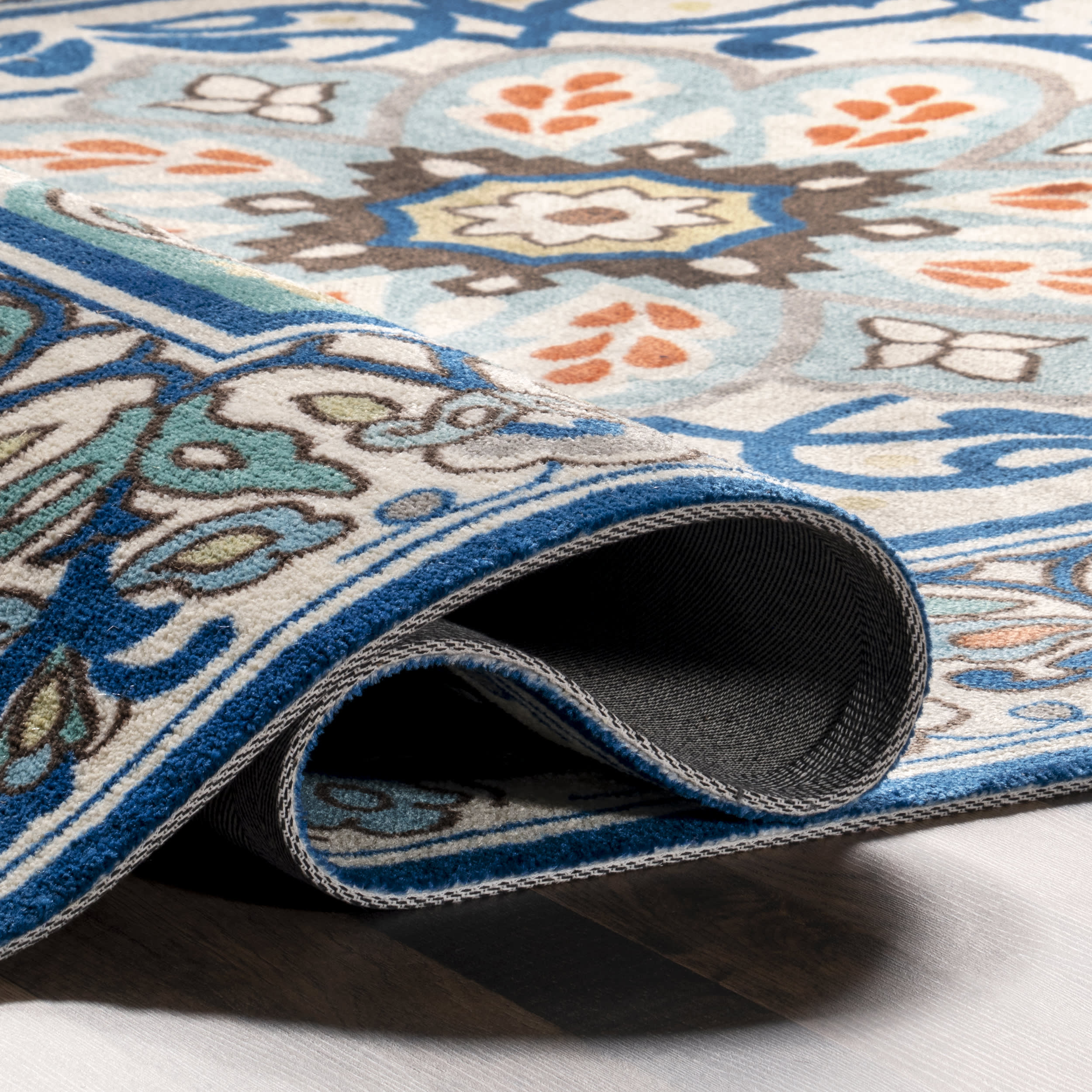 Jewel Tone Floral Printed Rug | Blue - Image 8