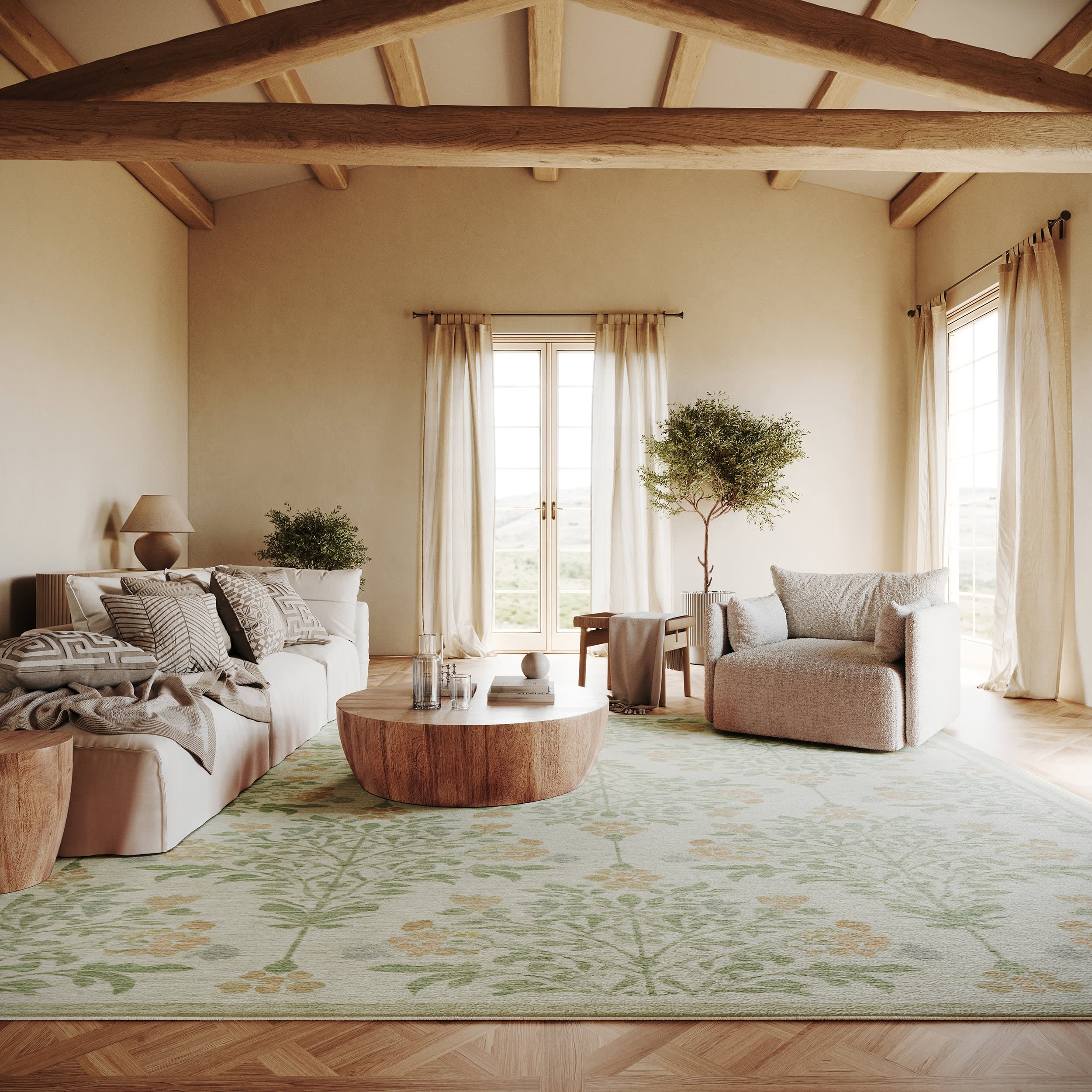 Jilema Floral Transitional Washable Rug | Ivory - Image 2
