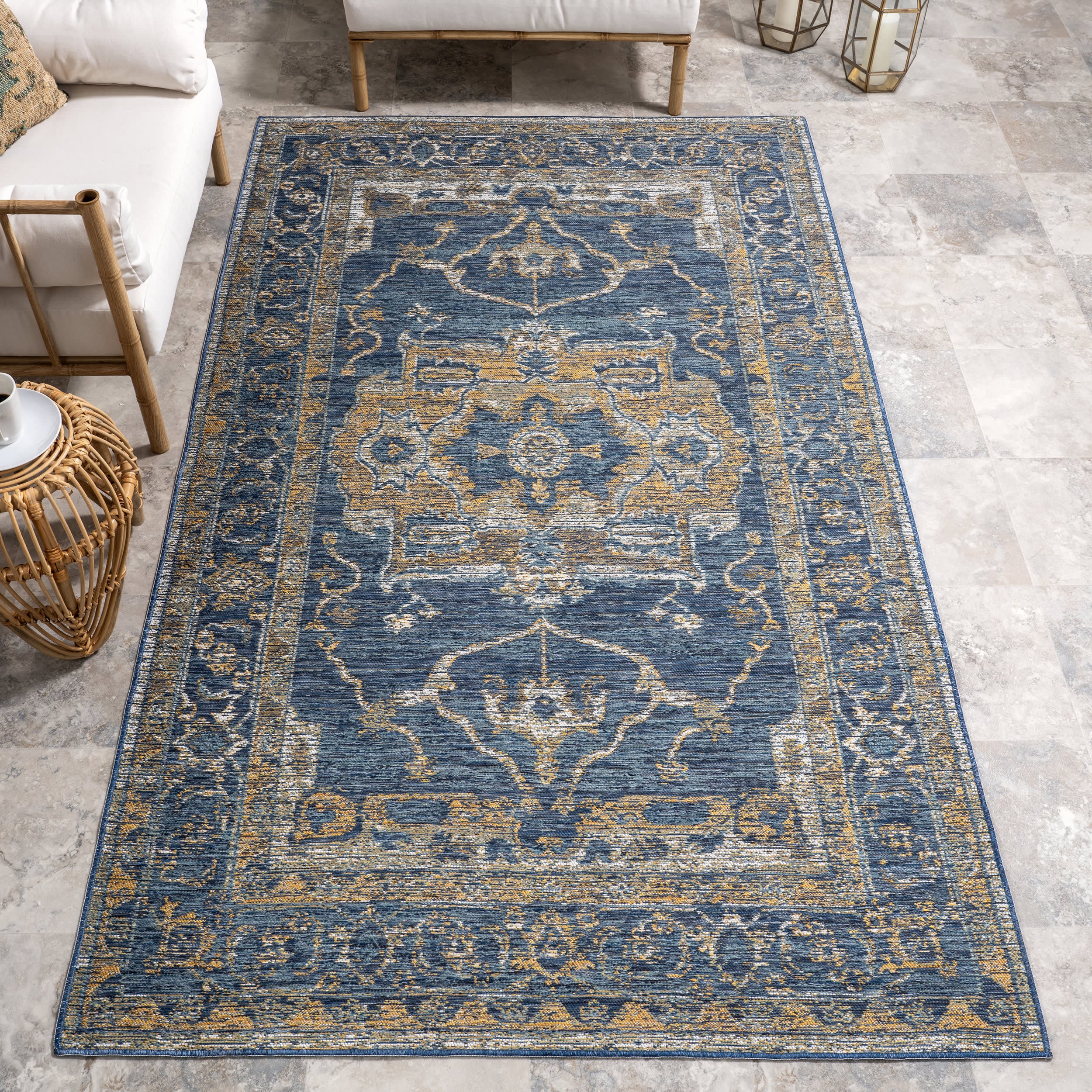 Juliana Medallion Reversible Indoor/Outdoor Rug | Cream & Blue - Image 2
