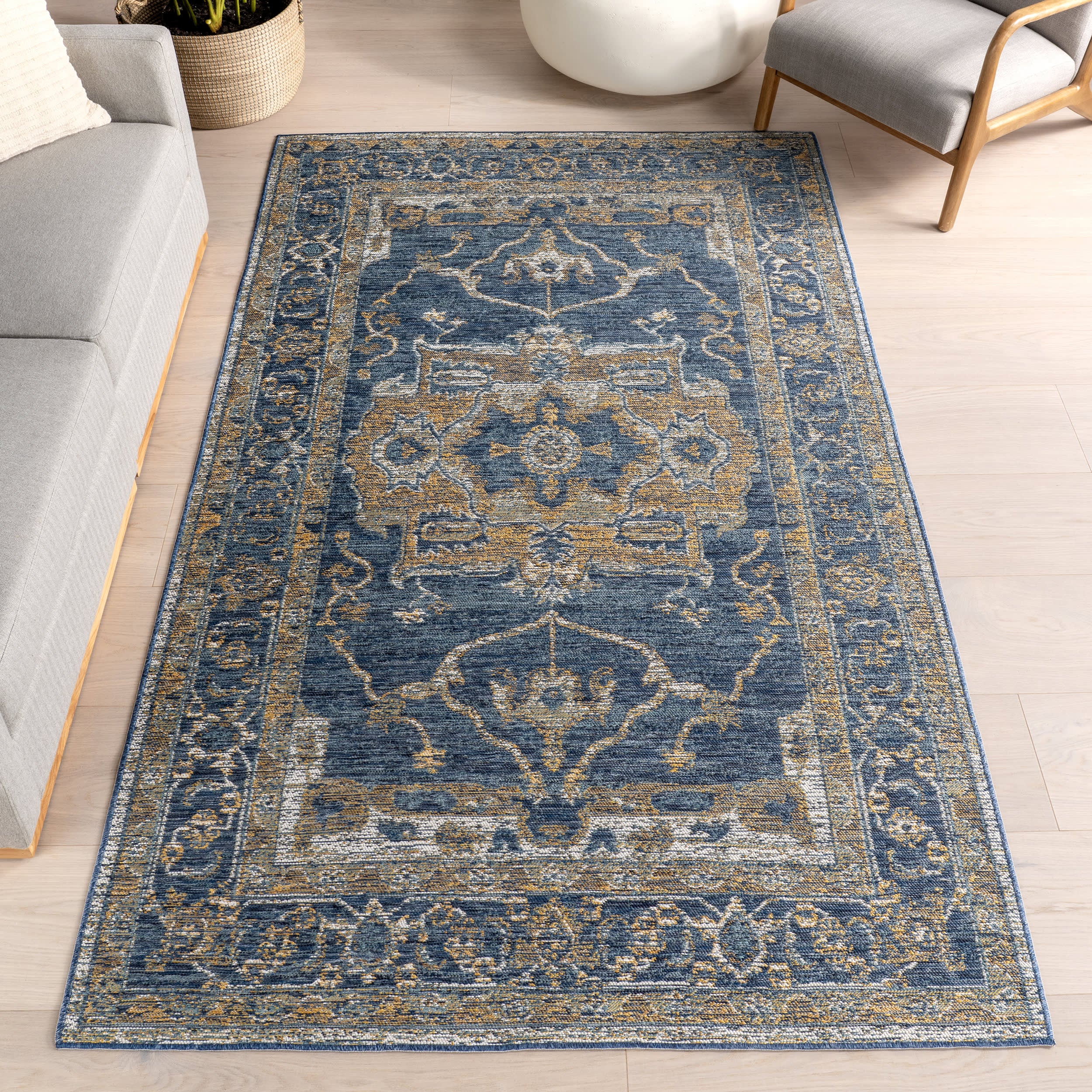 Juliana Medallion Reversible Indoor/Outdoor Rug | Cream & Blue - Image 8
