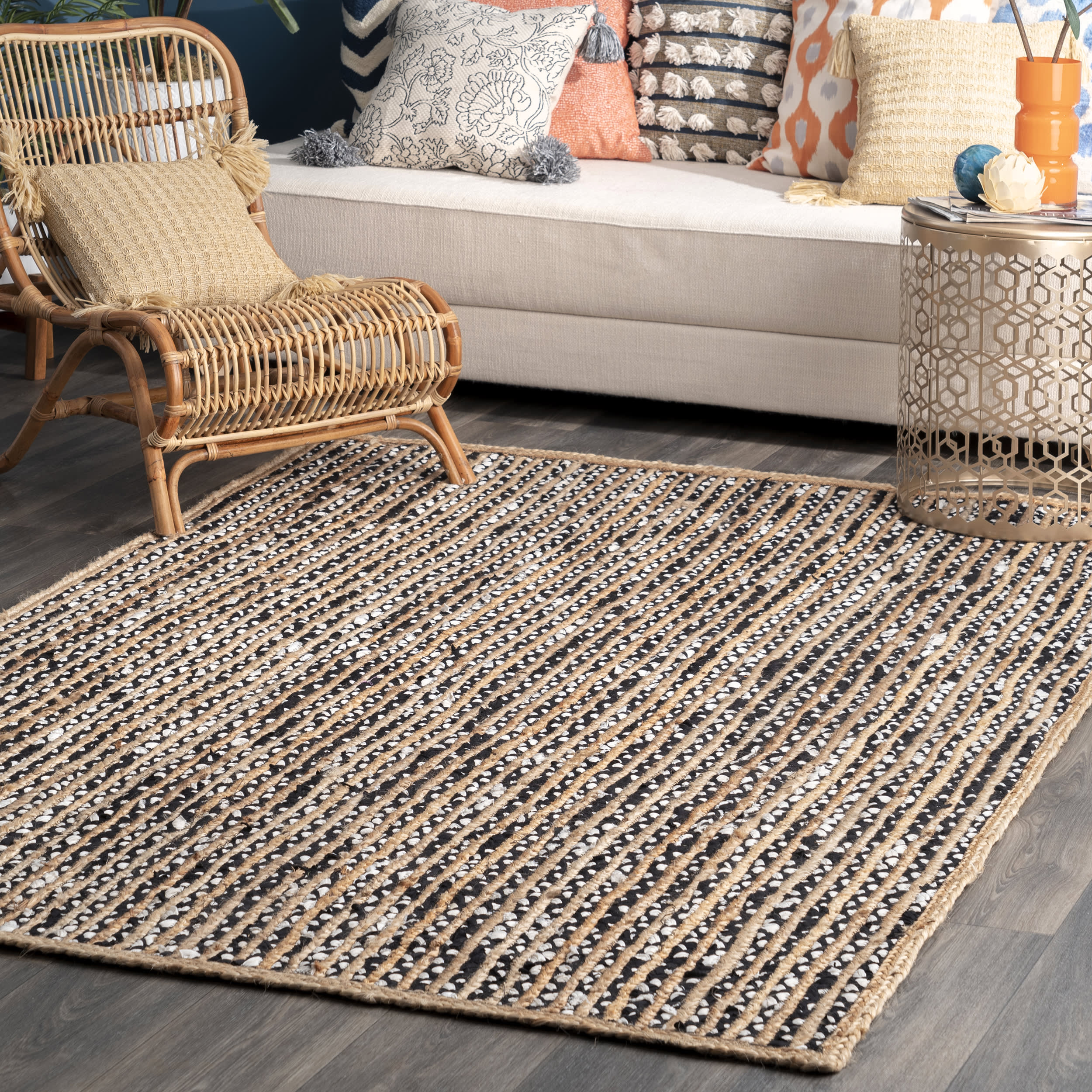 Jute and Cotton Pinstripes Rug | Black - Image 2