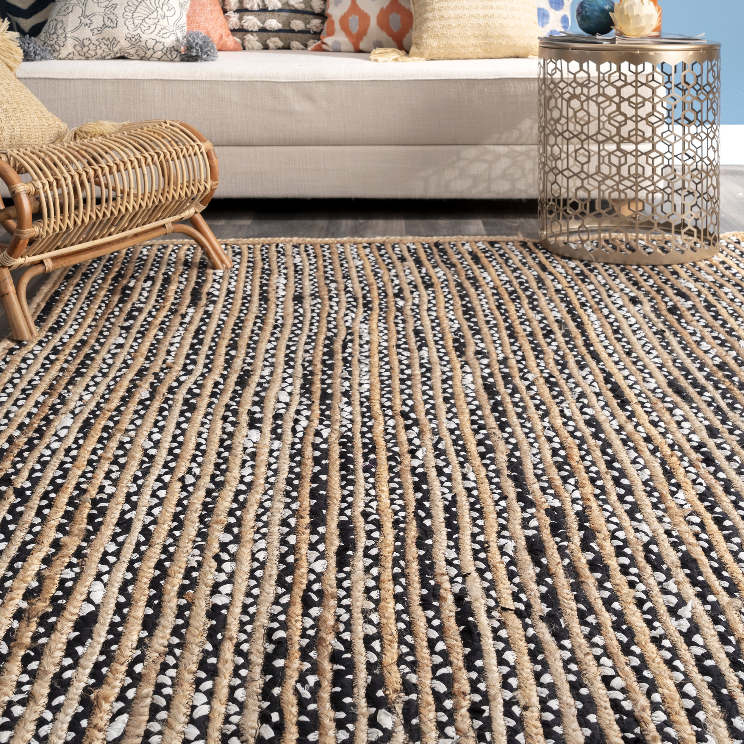 Jute and Cotton Pinstripes Rug | Black - Image 4