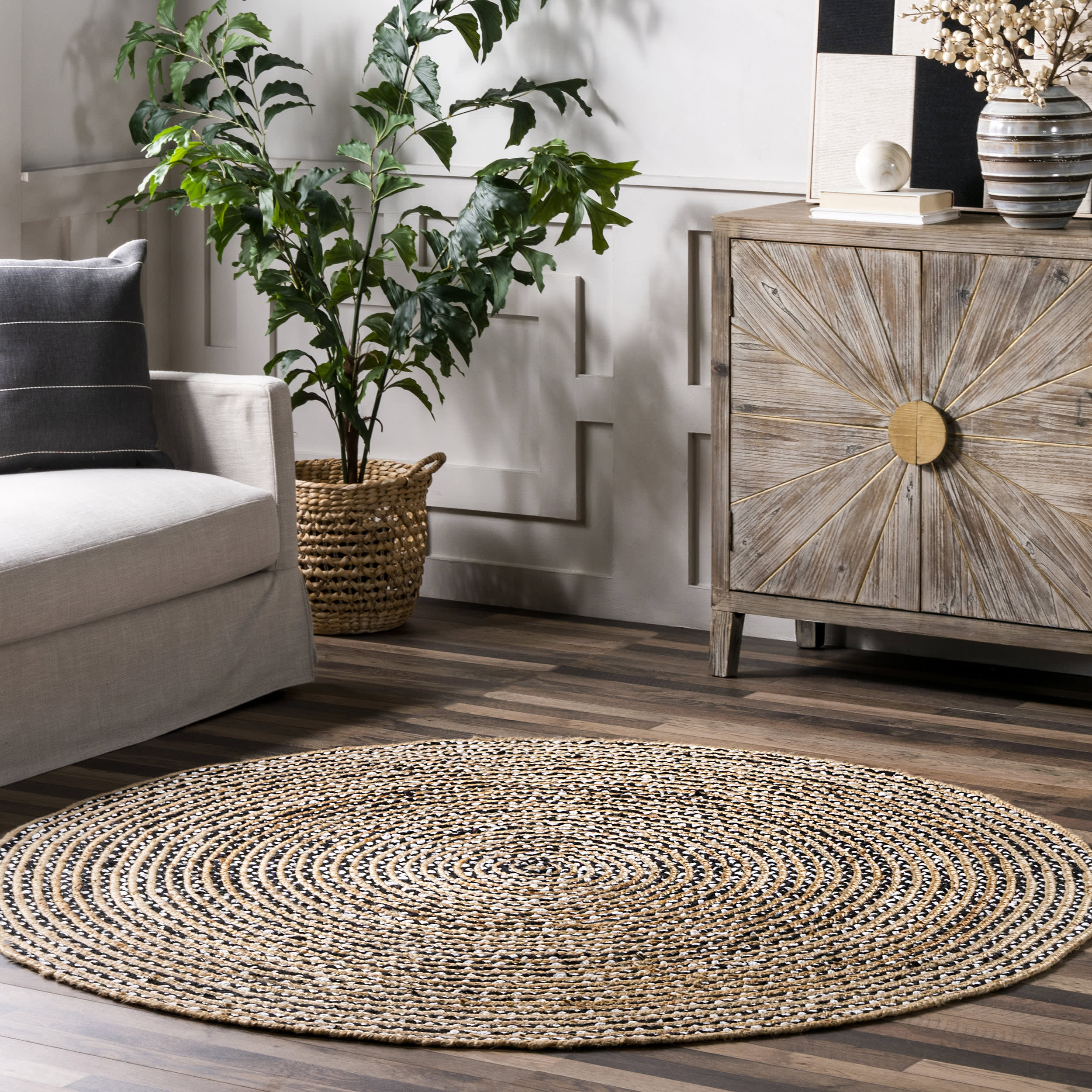 Jute and Cotton Pinstripes Rug | Black - Image 2