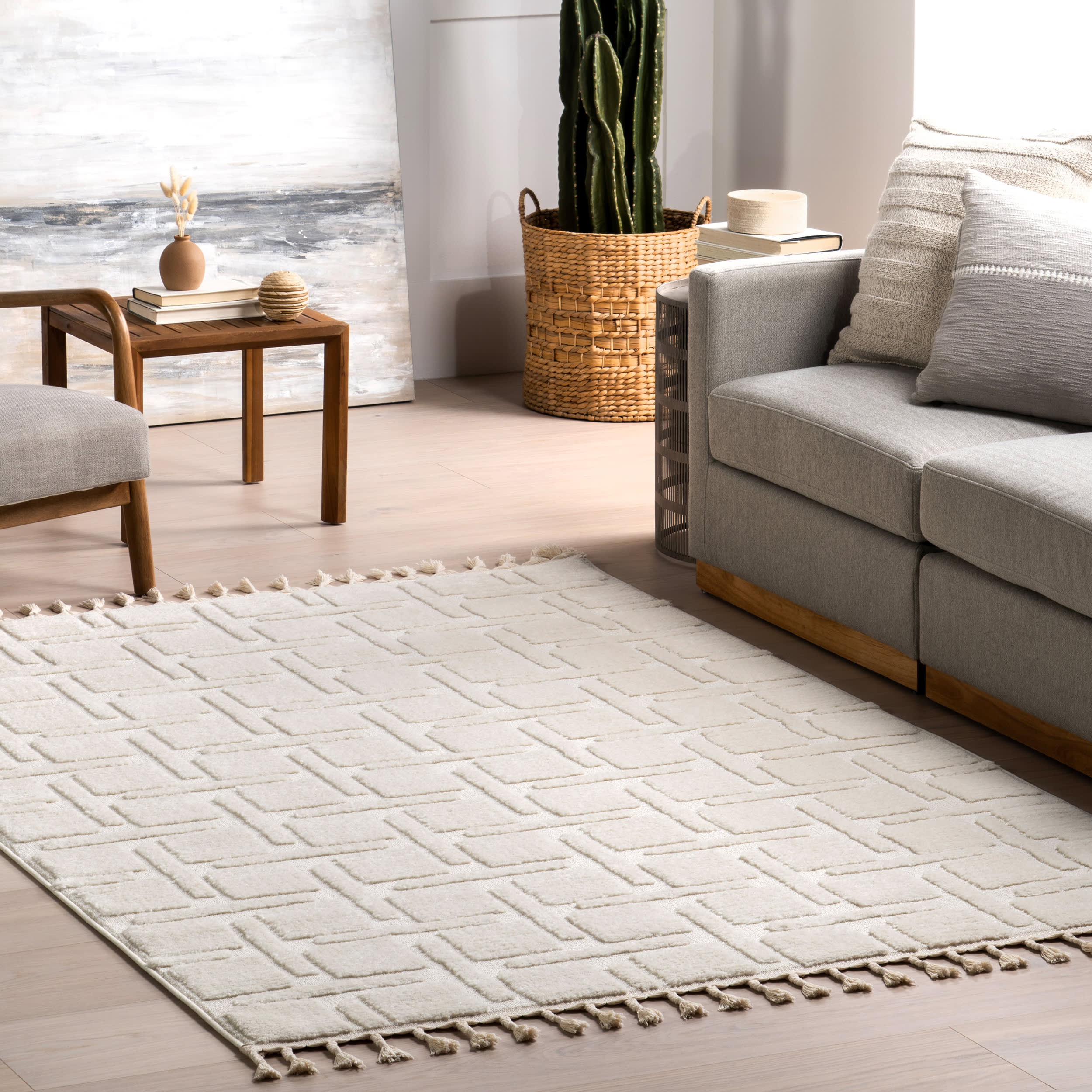 Kaelie Geometric Tasseled Rug | Off White - Image 2