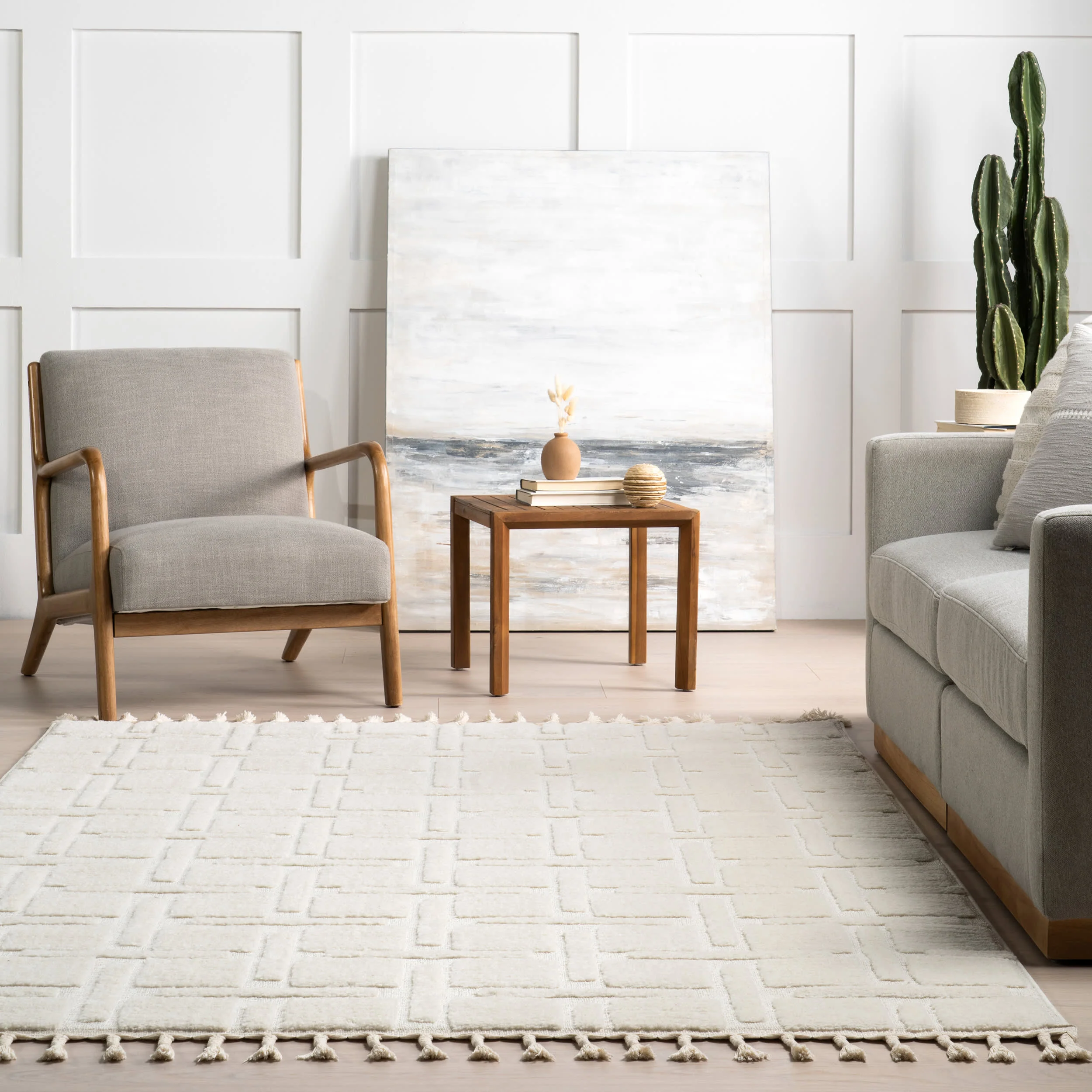 Kaelie Geometric Tasseled Rug | Off White - Image 4