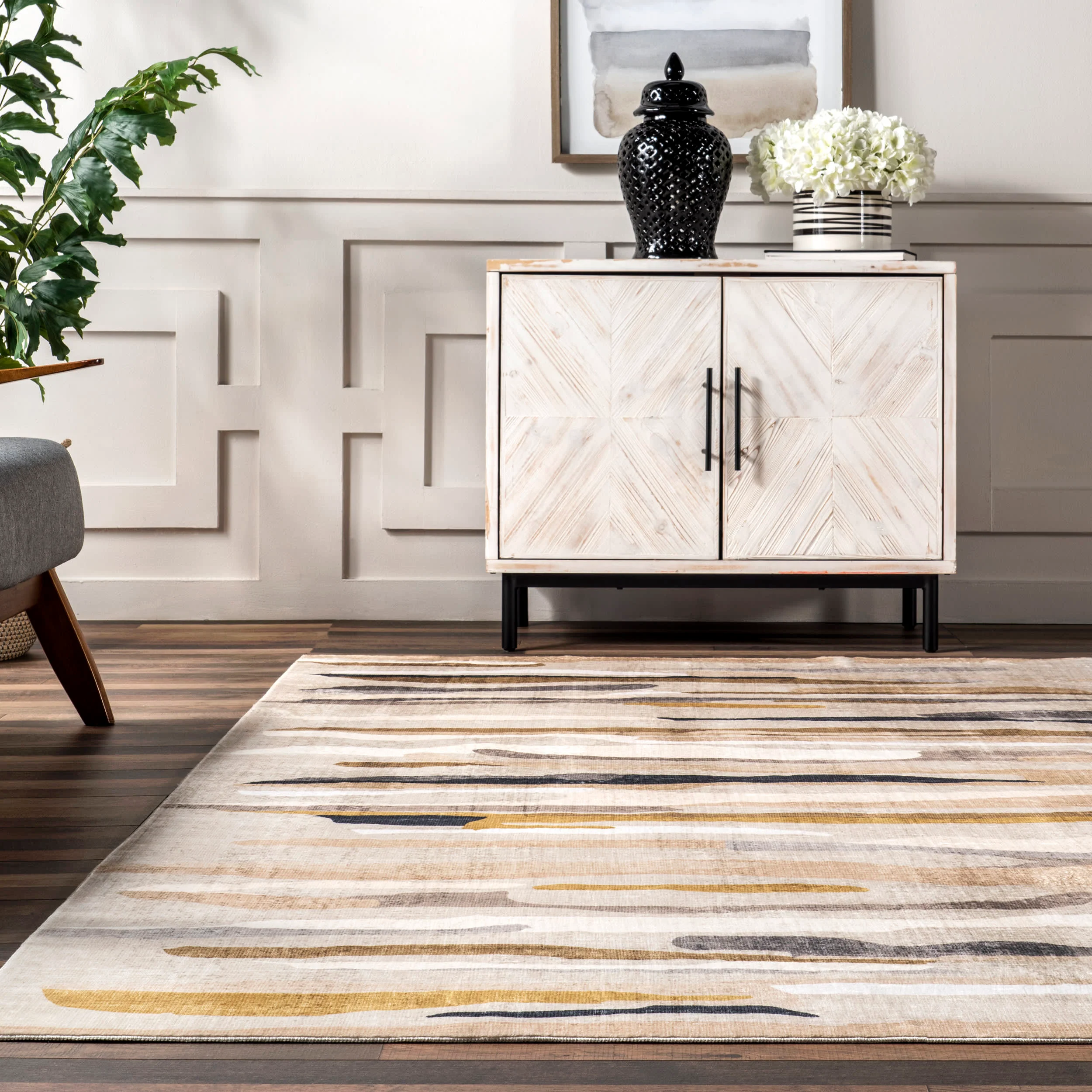Kailee Watercolor Strokes Washable Rug | Beige - Image 4