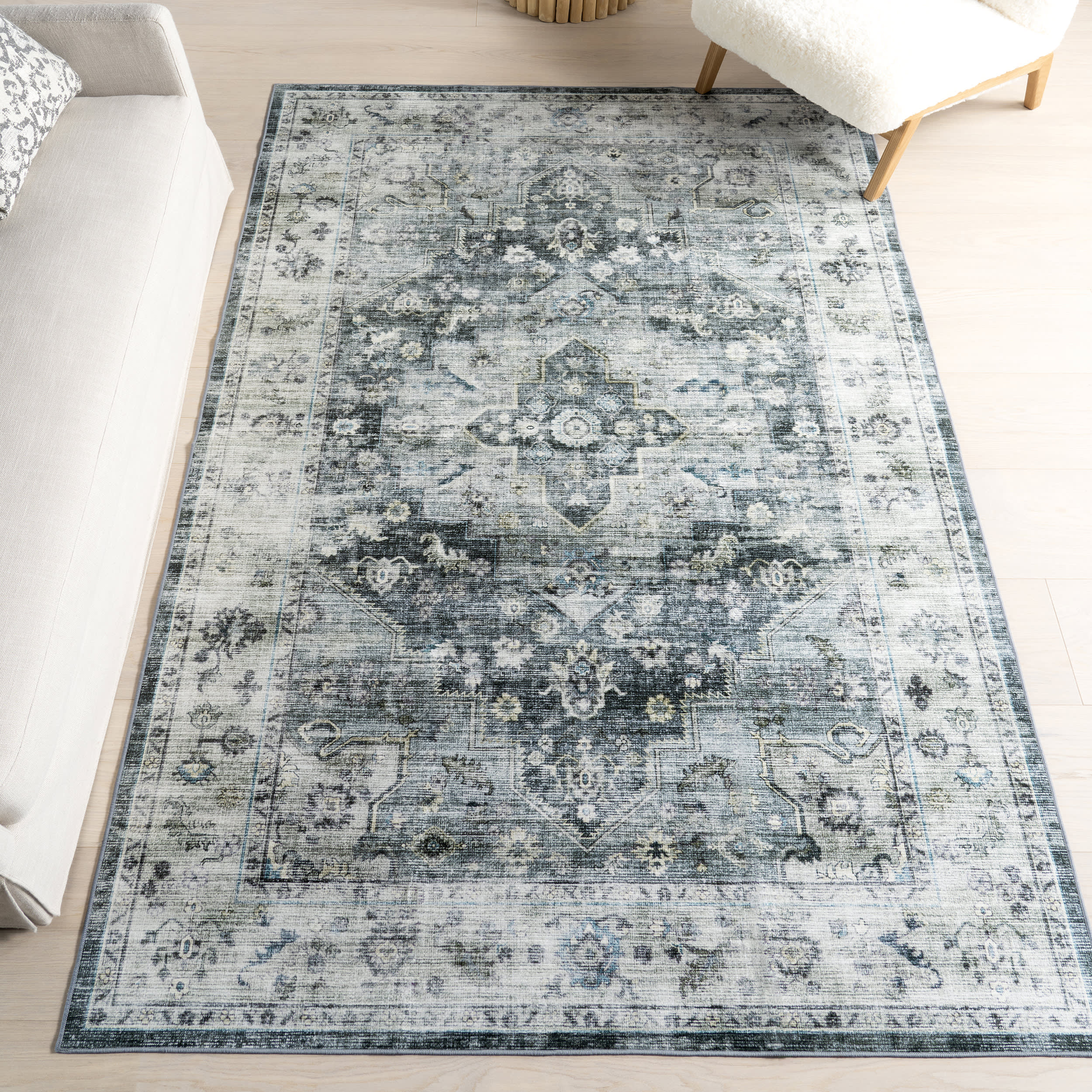 Kairi Medallion Spill Proof Washable Rug | Slate Blue - Image 2