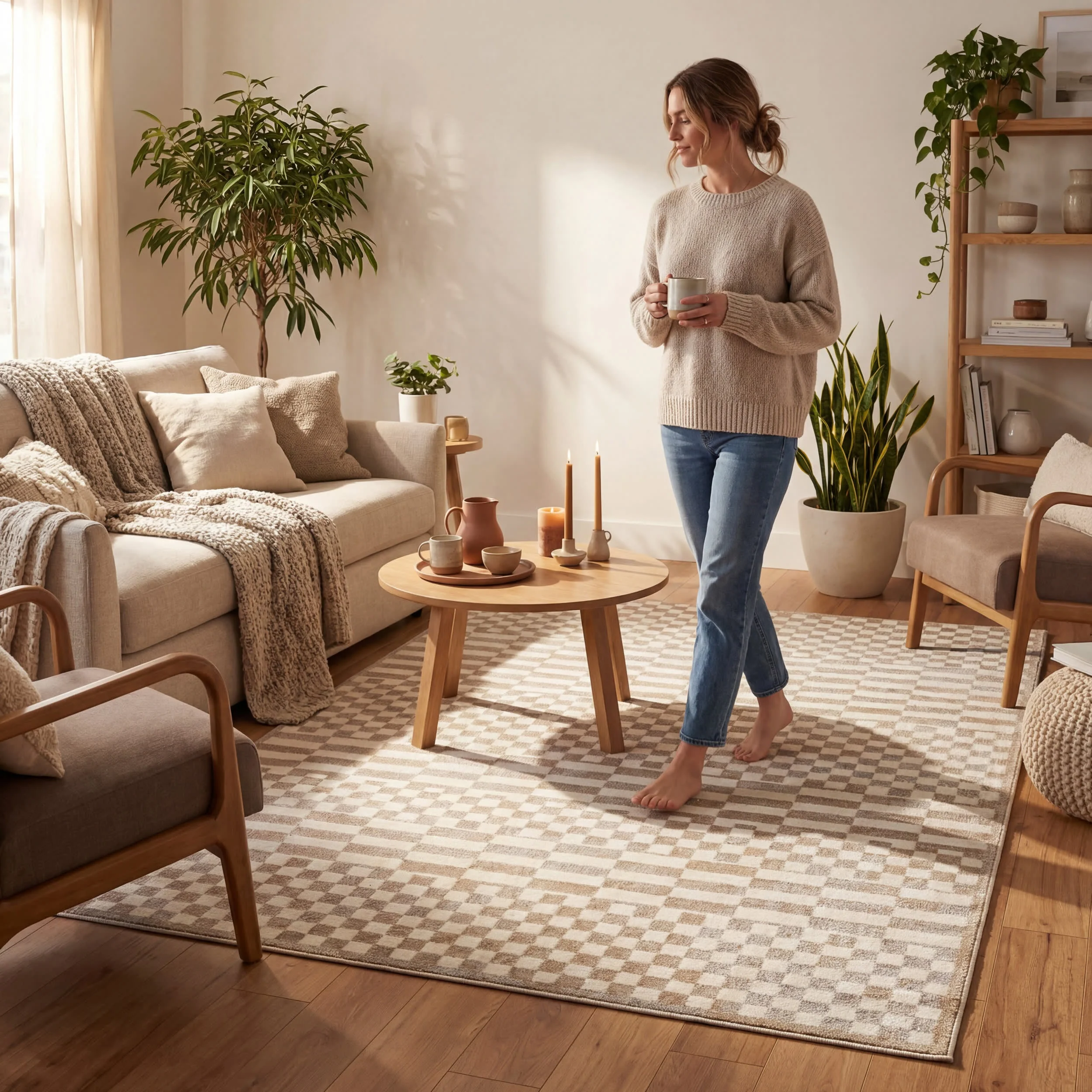 Kallie Washable Tiled Rug | Beige - Image 7
