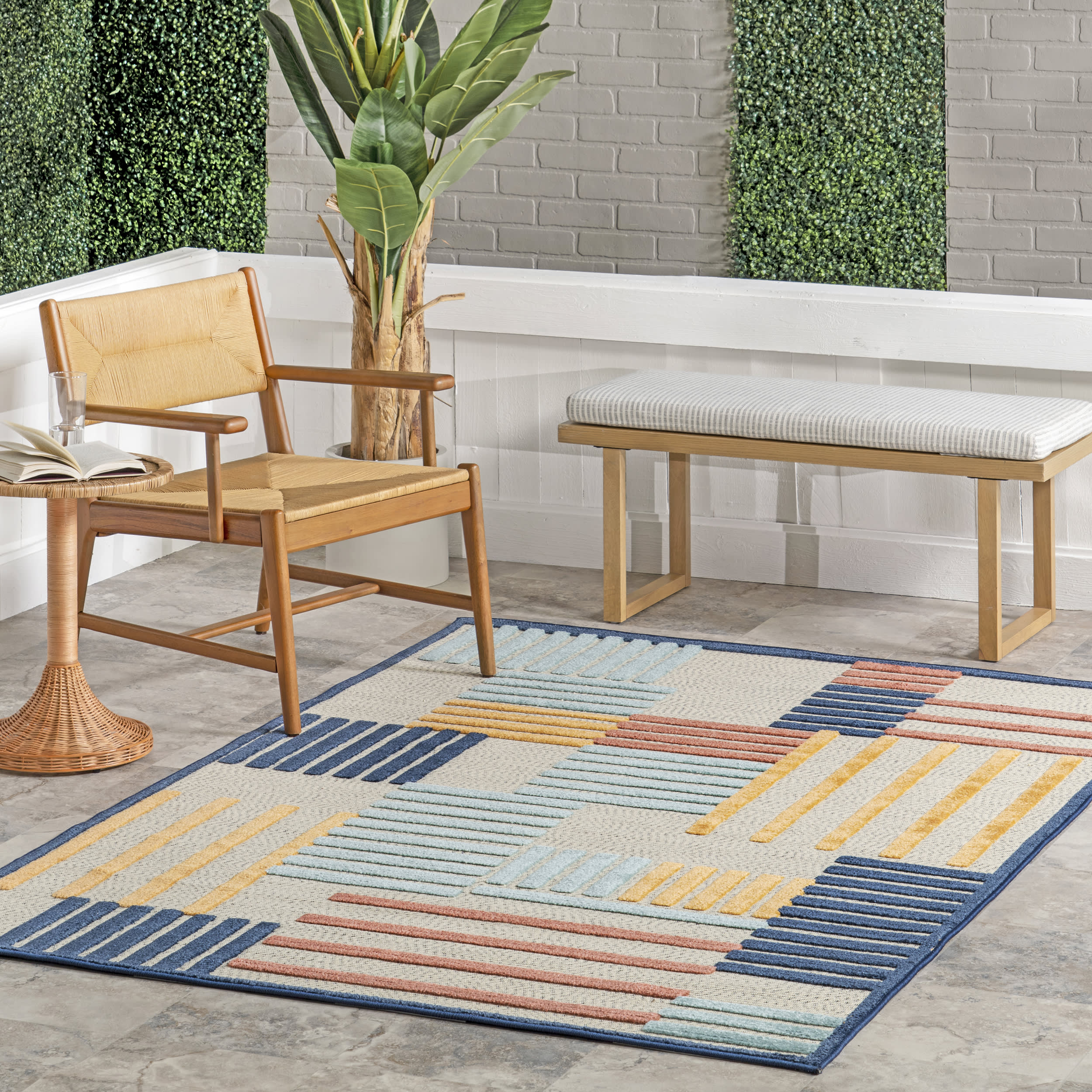 Kassidy High-Low Striped Indoor/Outdoor Rug | Blue Multicolor - Image 2