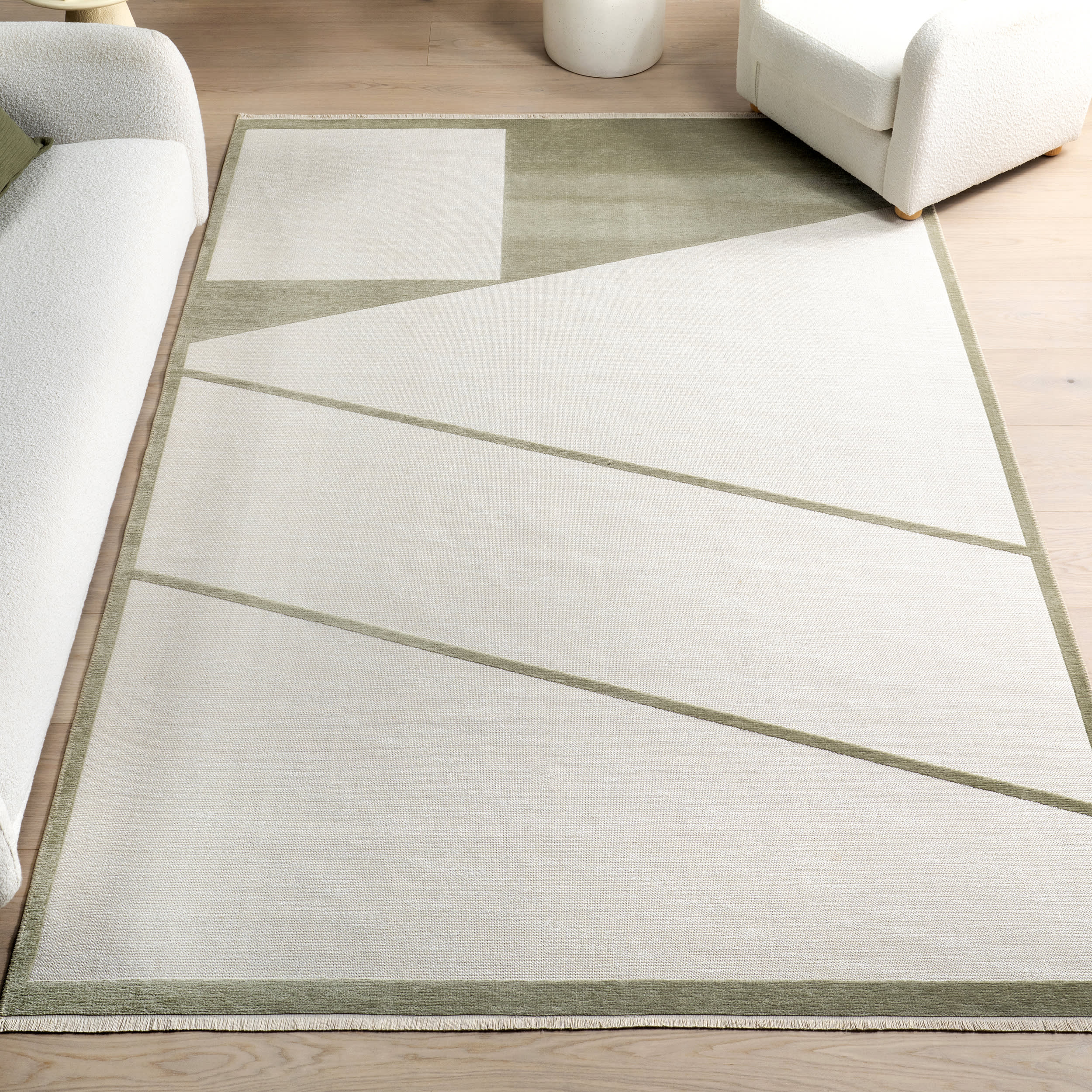 Katherine Geometric Fringed Reversible Washable Rug | Green - Image 10