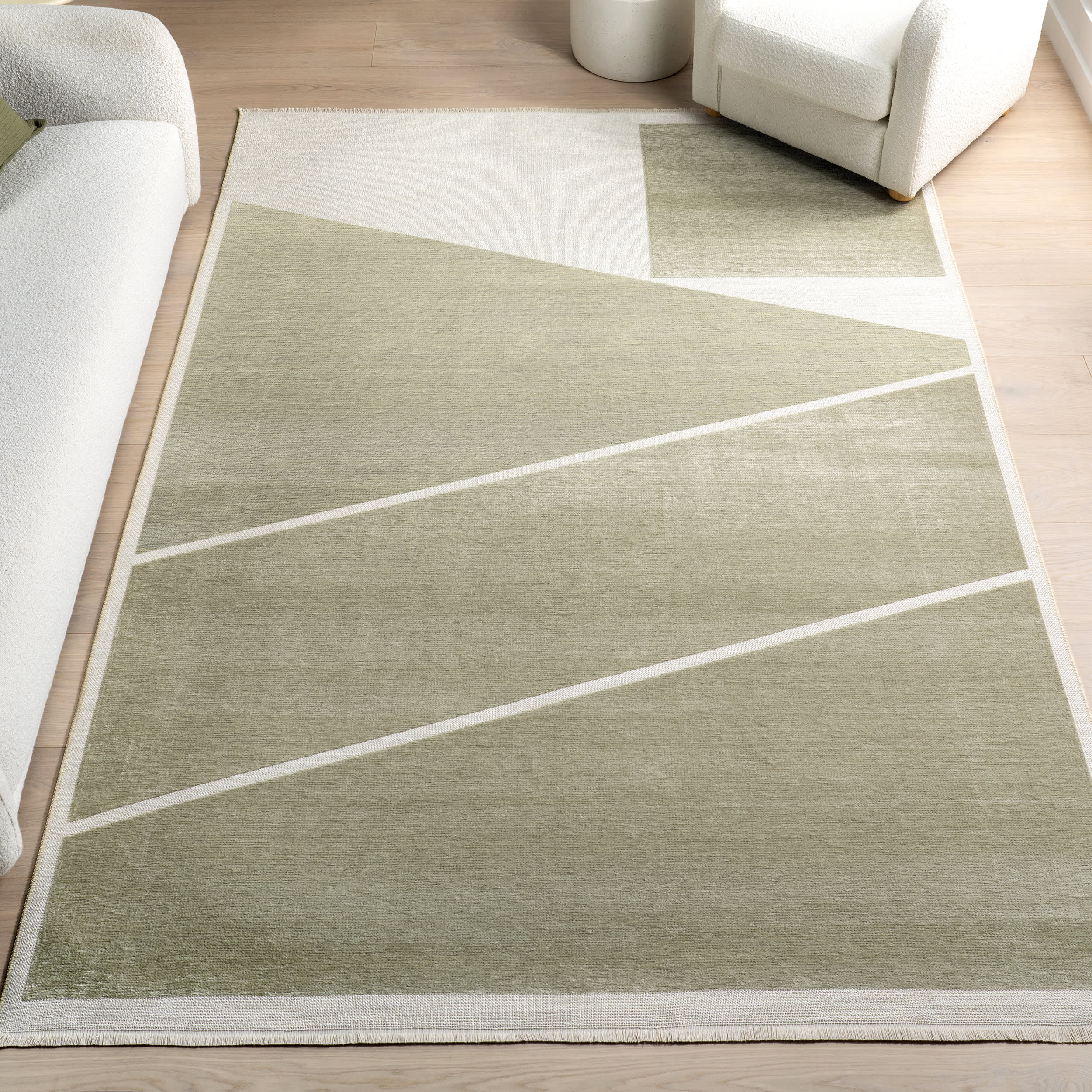 Katherine Geometric Fringed Reversible Washable Rug | Green - Image 2