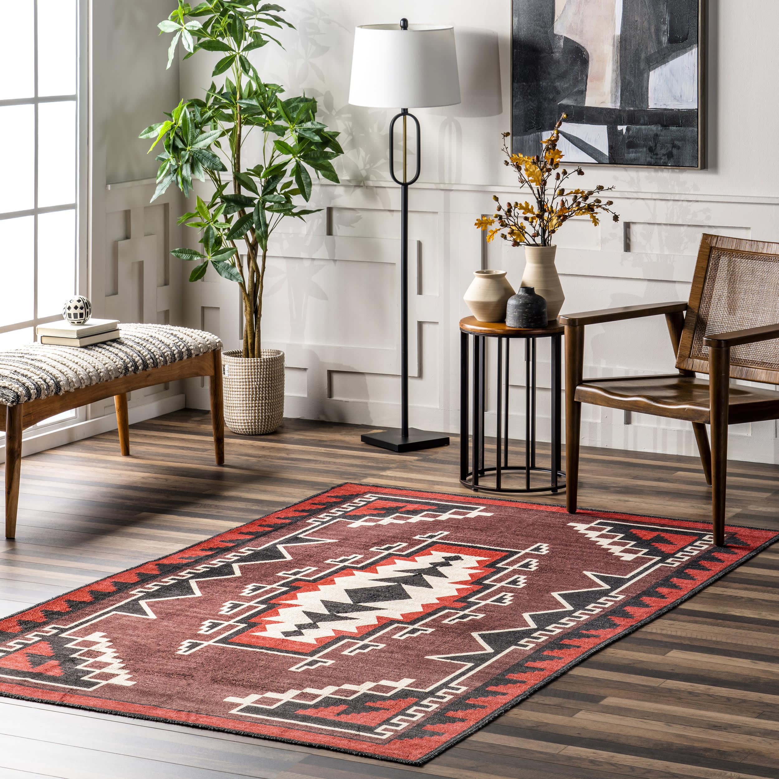 Katy Washable Bold Shapes Rug | Red - Image 2