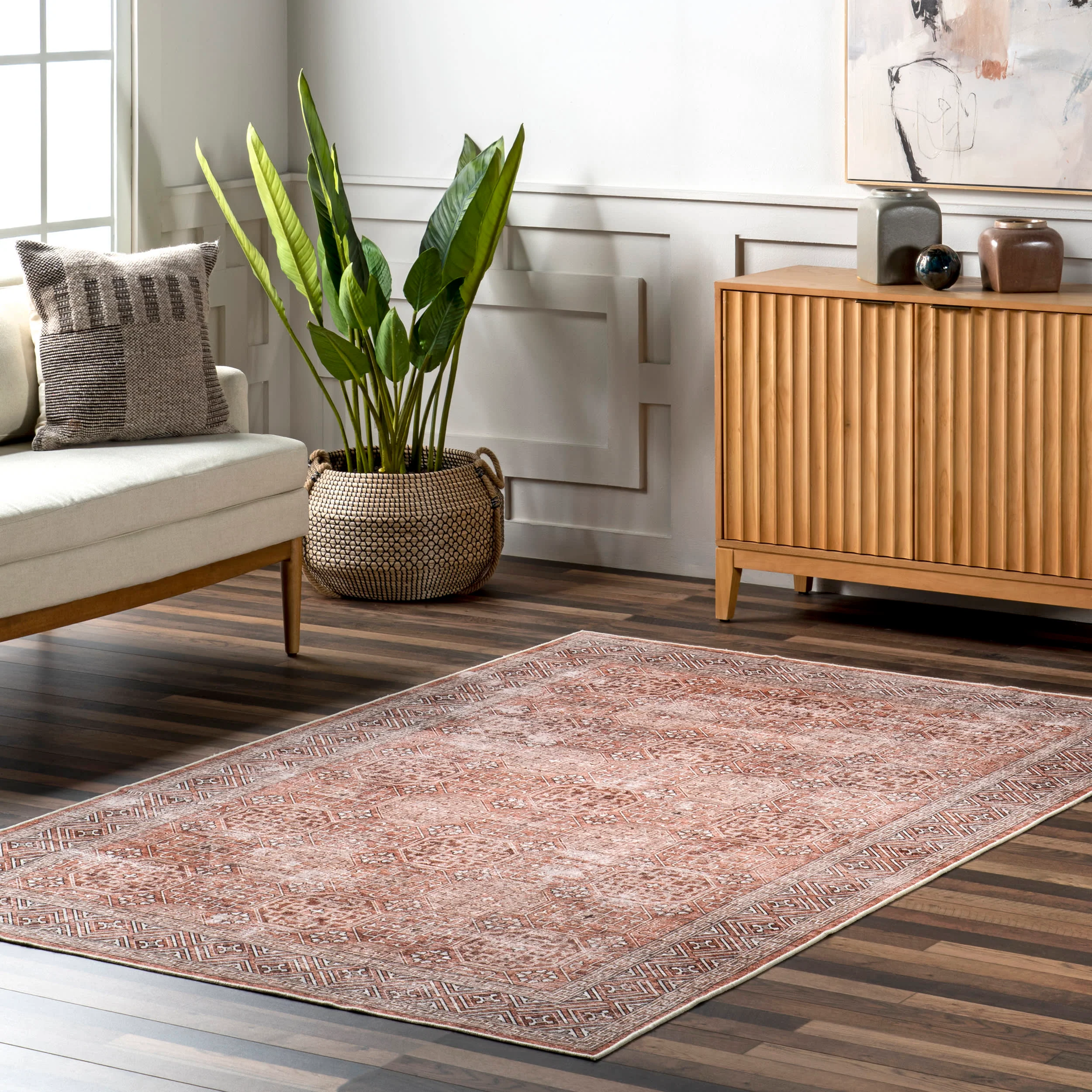 Kaylee Faded Trellis Border Spill Proof Washable Rug | Rust - Image 2