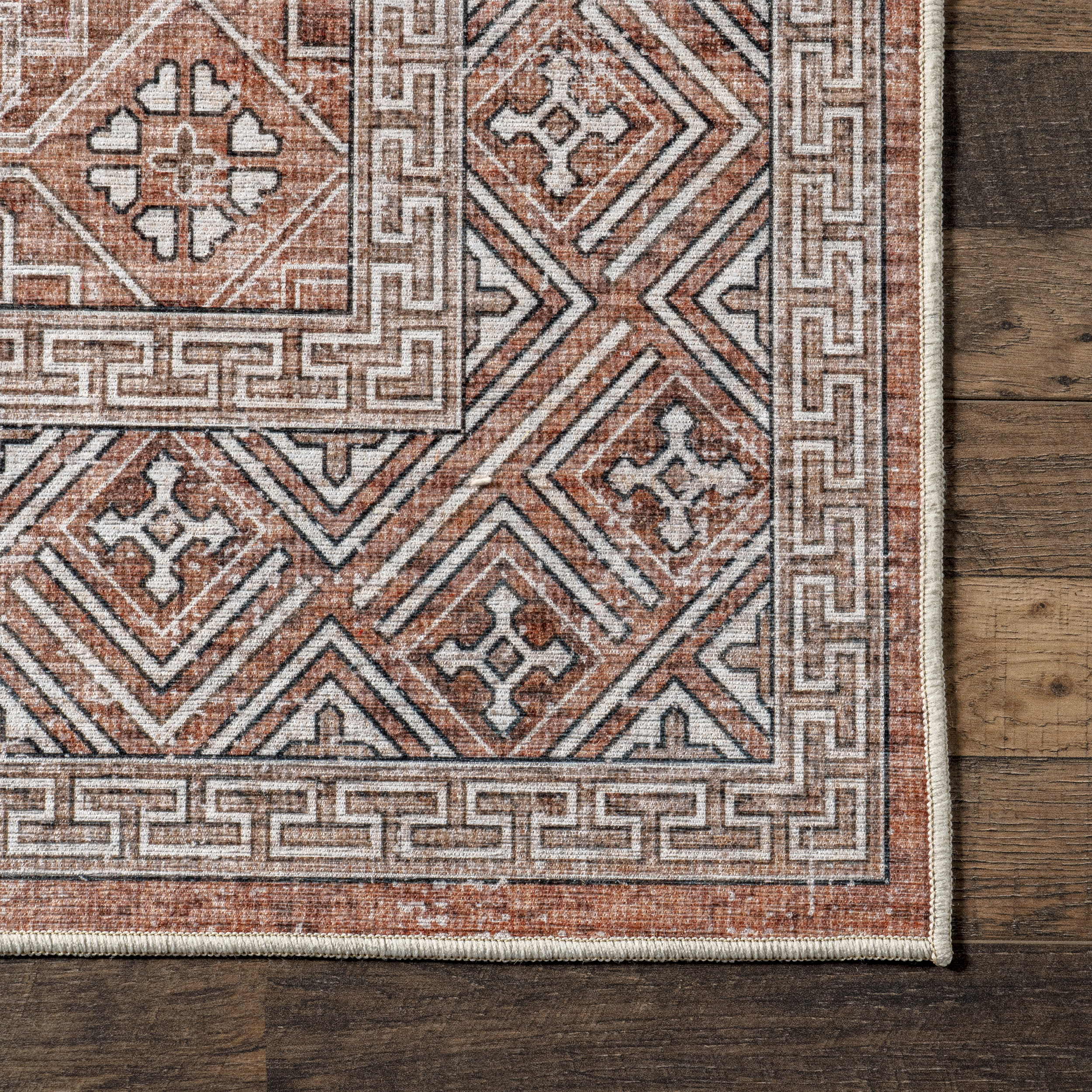 Kaylee Faded Trellis Border Spill Proof Washable Rug | Rust - Image 3