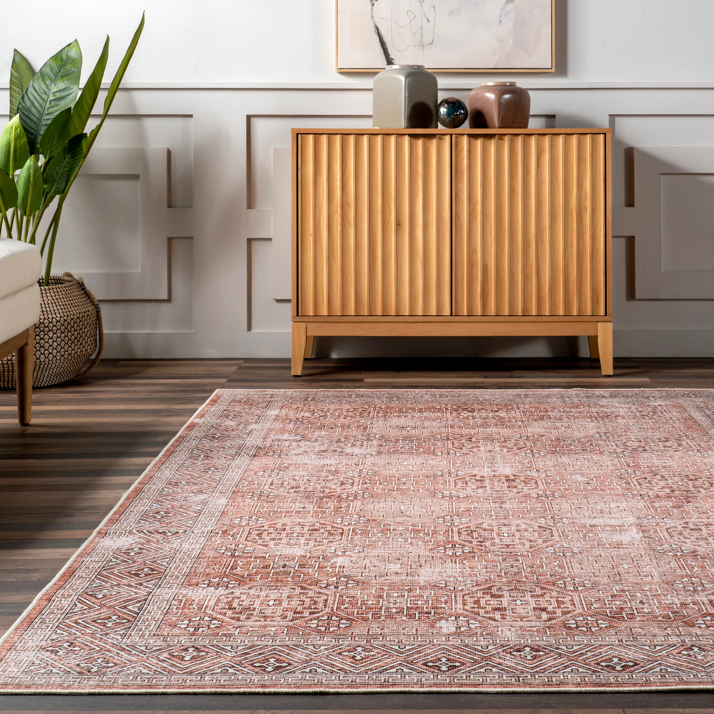 Kaylee Faded Trellis Border Spill Proof Washable Rug | Rust - Image 4
