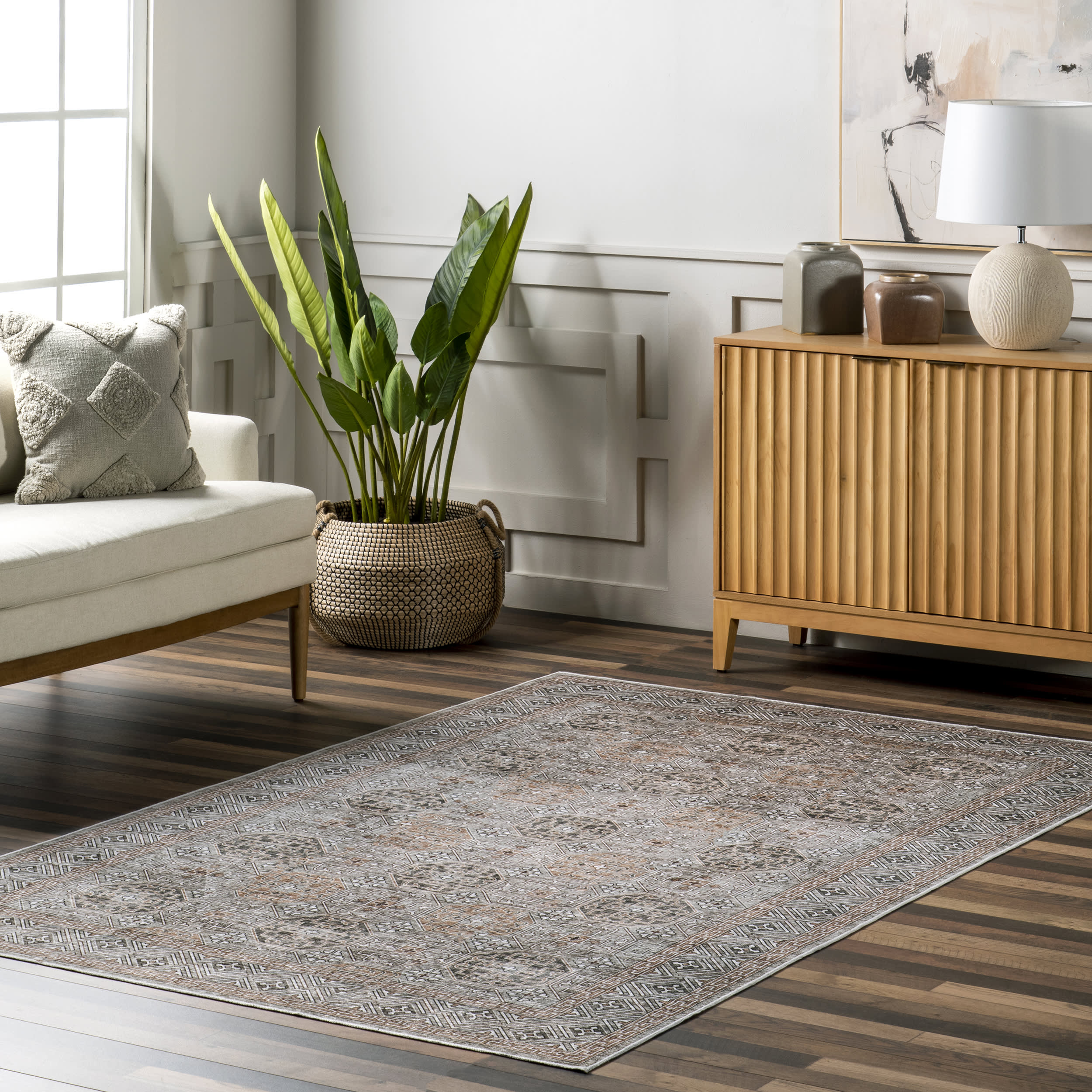 Kaylee Faded Trellis Border Spill Proof Washable Rug | Taupe - Image 2