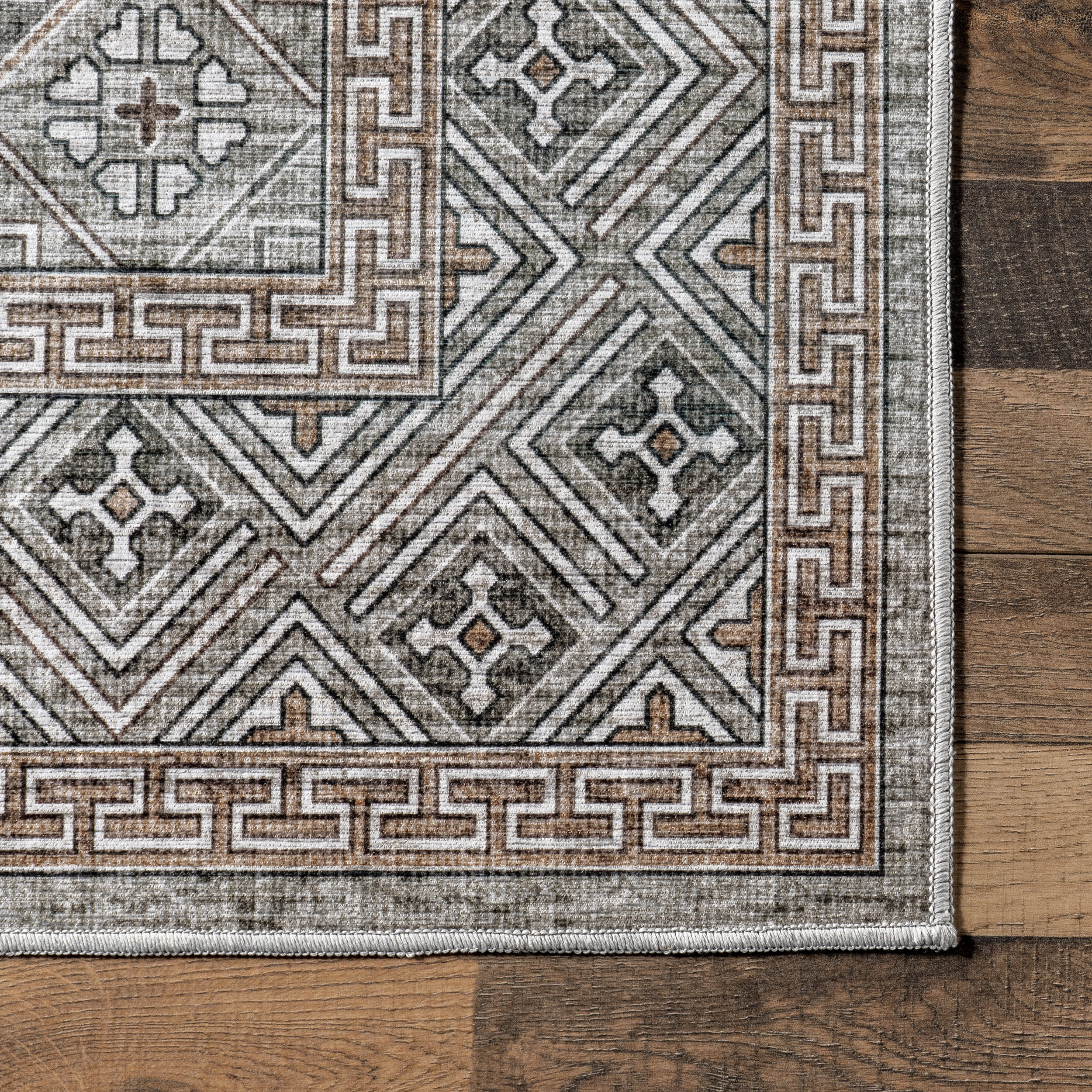 Kaylee Faded Trellis Border Spill Proof Washable Rug | Taupe - Image 3