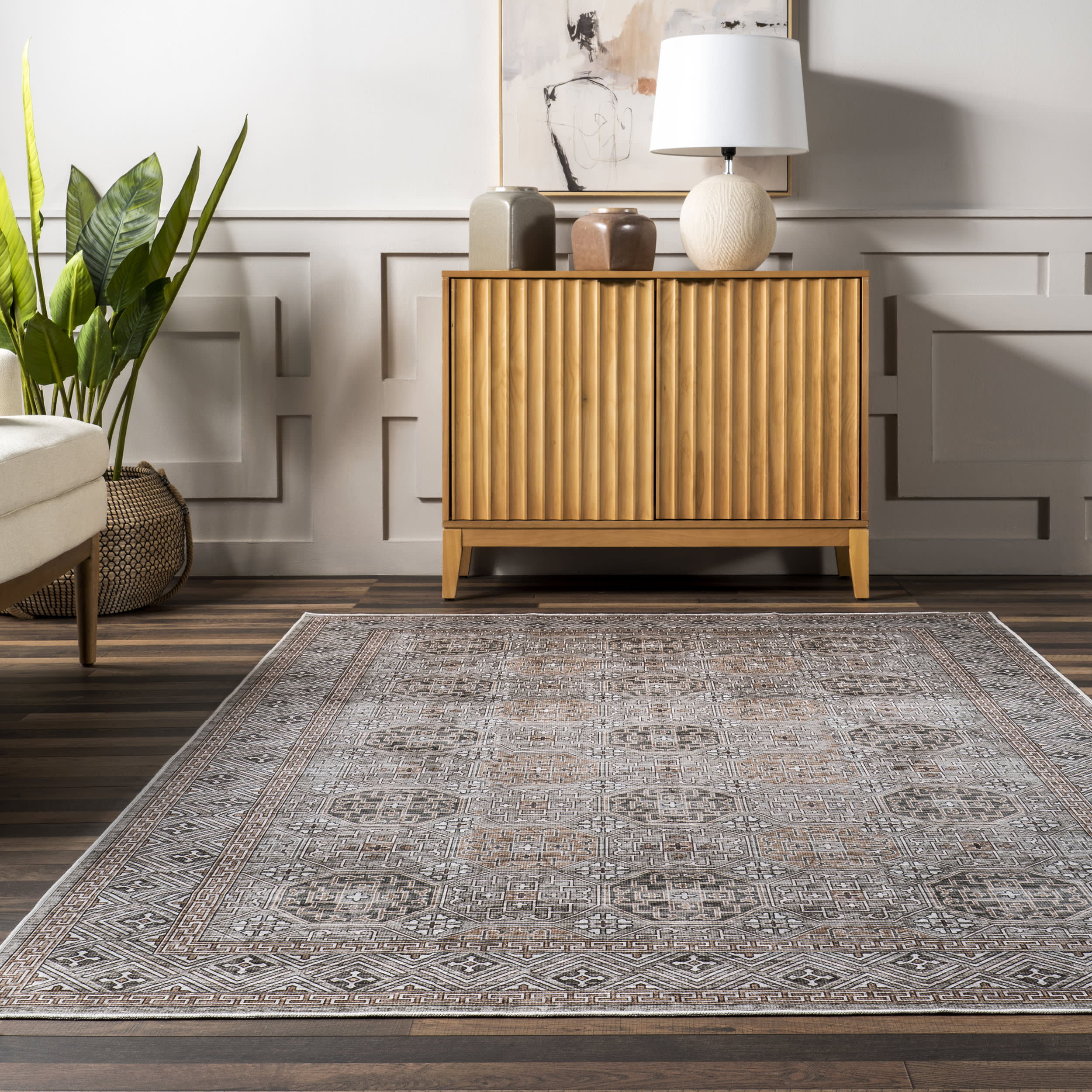Kaylee Faded Trellis Border Spill Proof Washable Rug | Taupe - Image 4