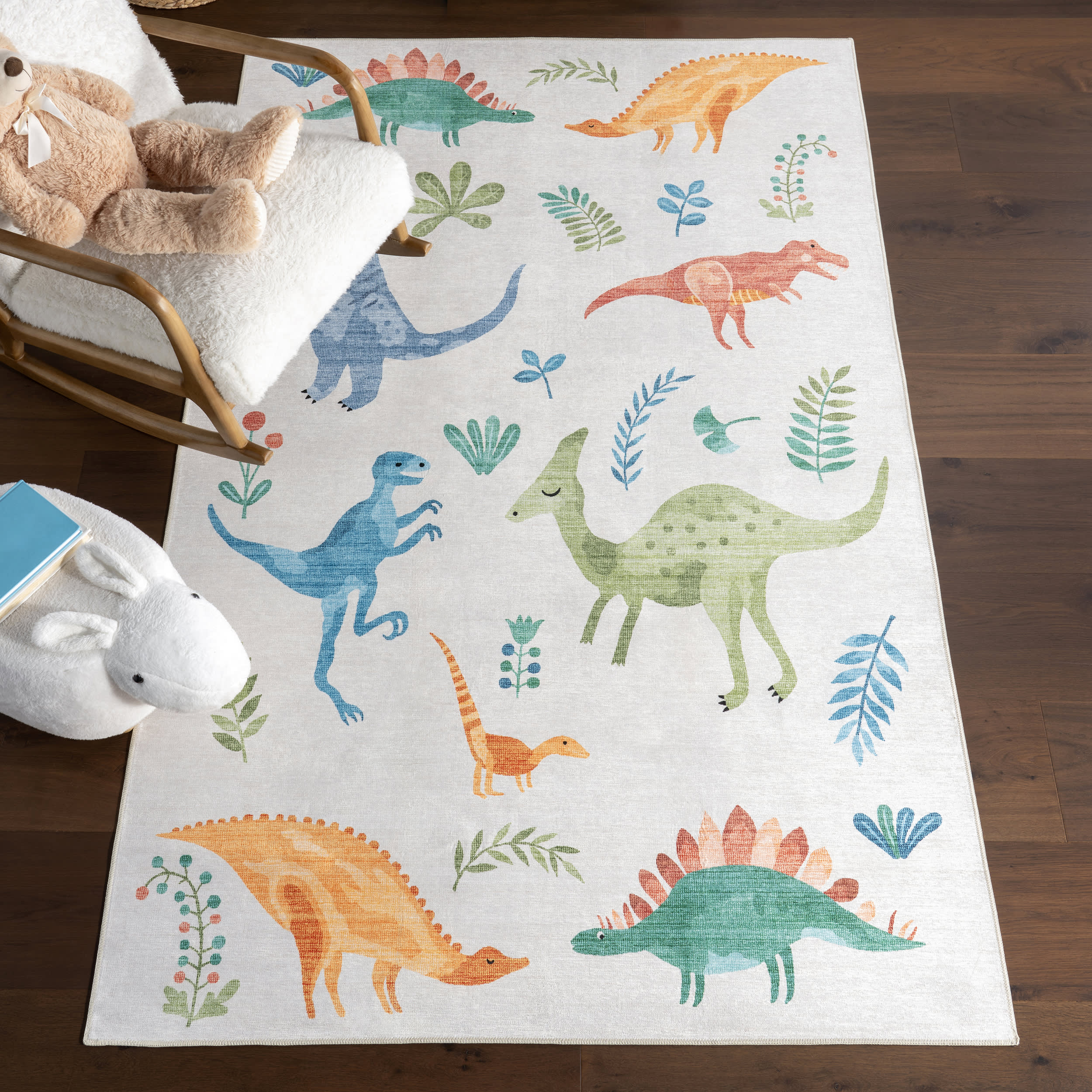 Kayleigh Kids Spill Proof Washable Dinosaur Rug | White Multicolor - Image 2