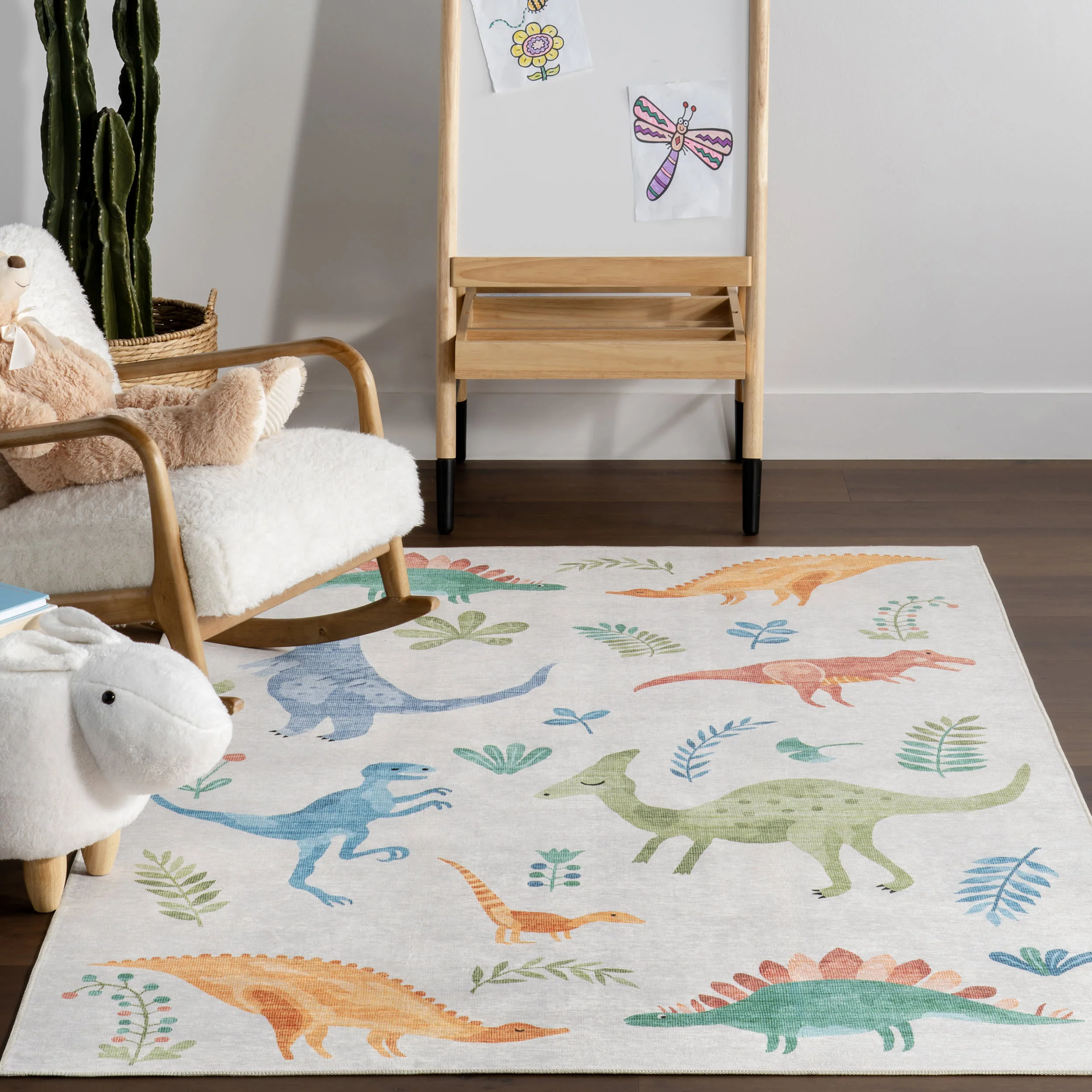 Kayleigh Kids Spill Proof Washable Dinosaur Rug | White Multicolor - Image 5