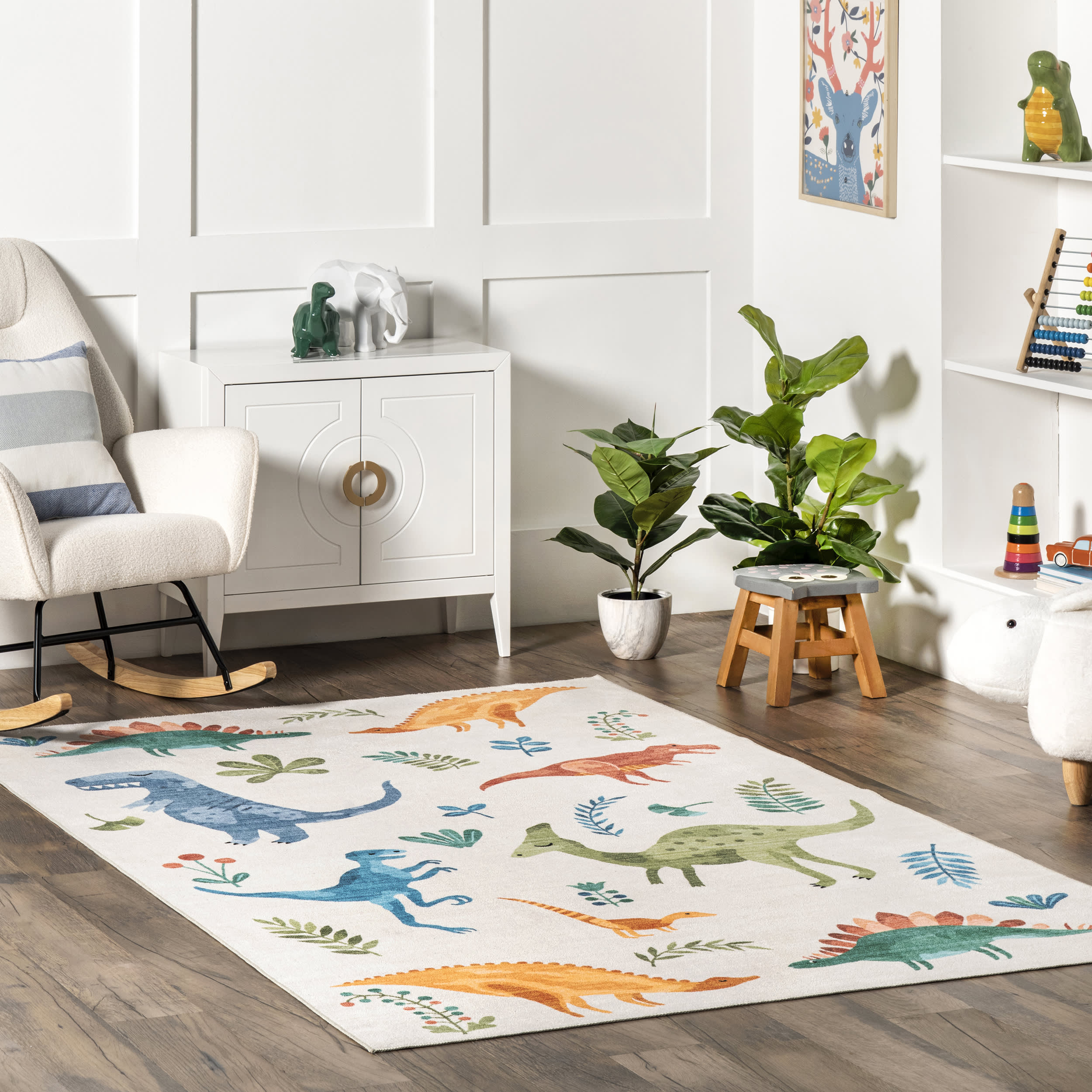 Kayleigh Kids Washable Dinosaur Rug | White Multicolor - Image 2
