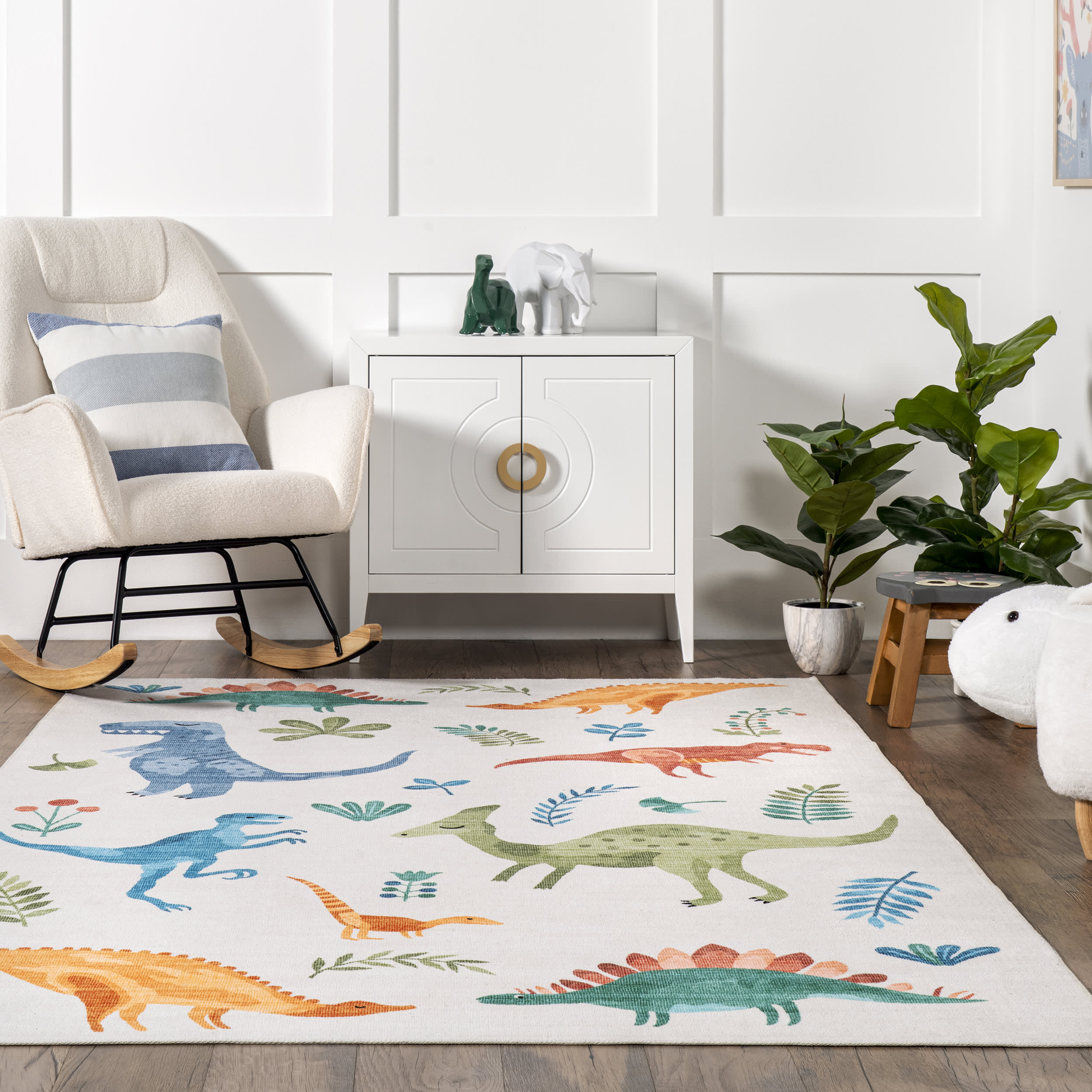 Kayleigh Kids Washable Dinosaur Rug | White Multicolor - Image 4