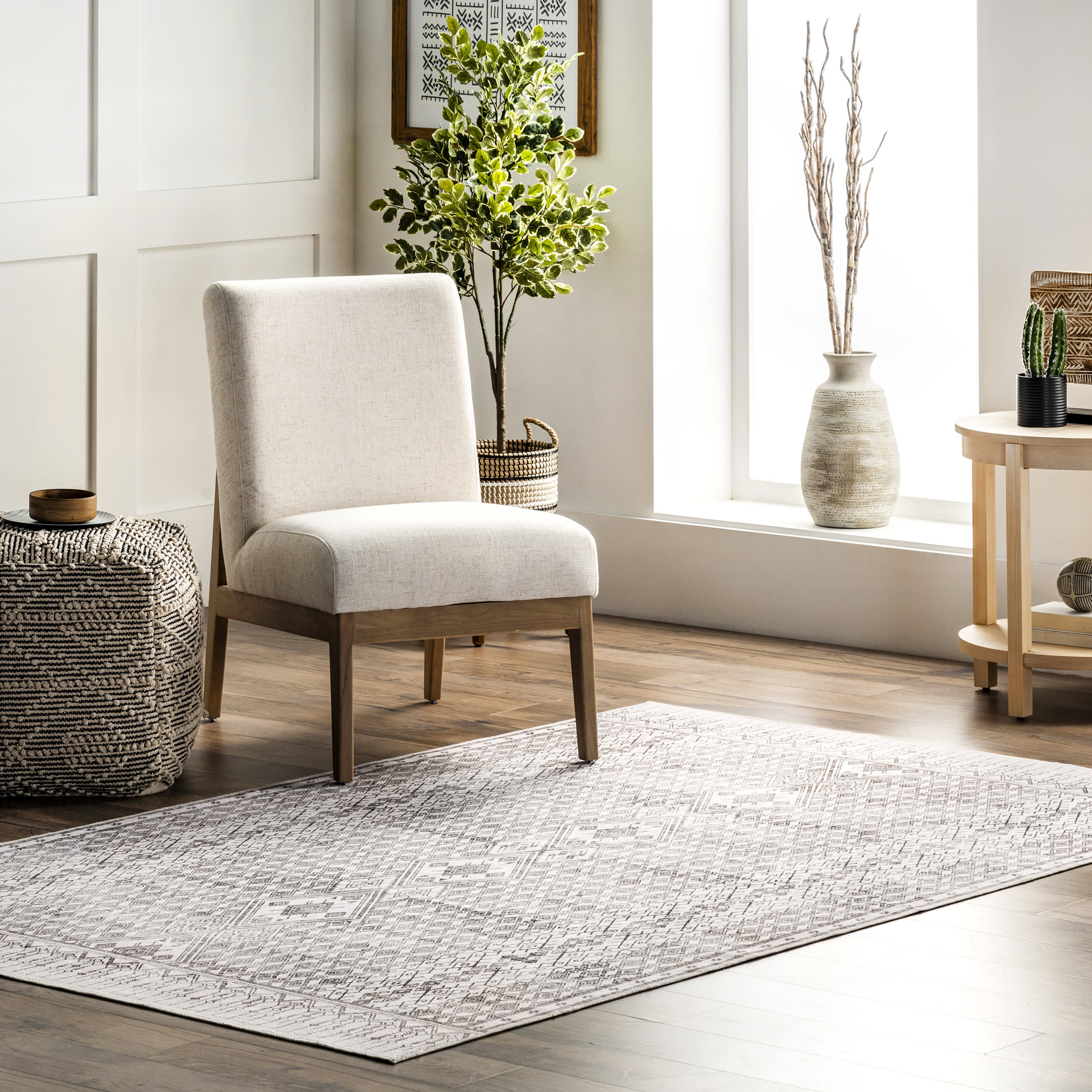 Kehlani Distressed Diamond Washable Rug | Light Grey - Image 2