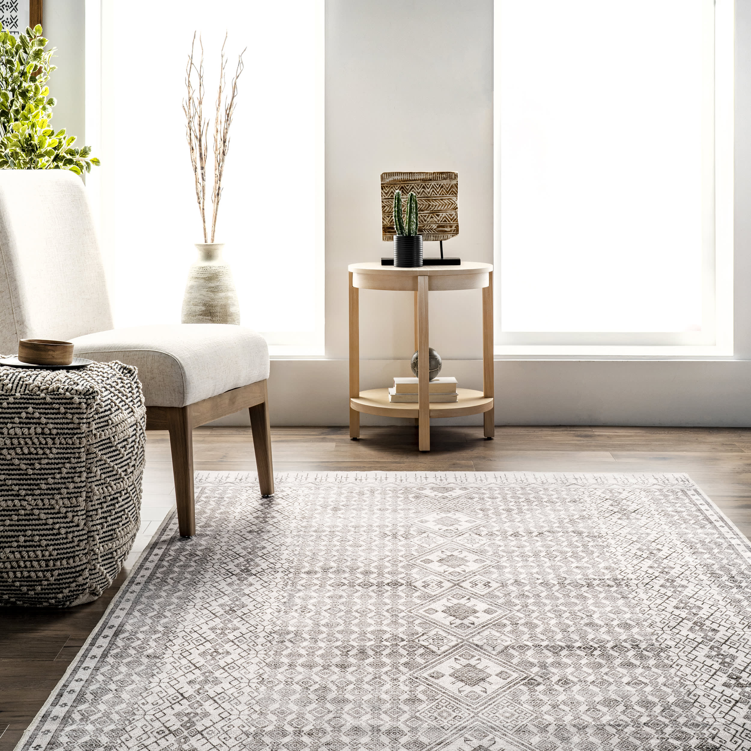 Kehlani Distressed Diamond Washable Rug | Light Grey - Image 4