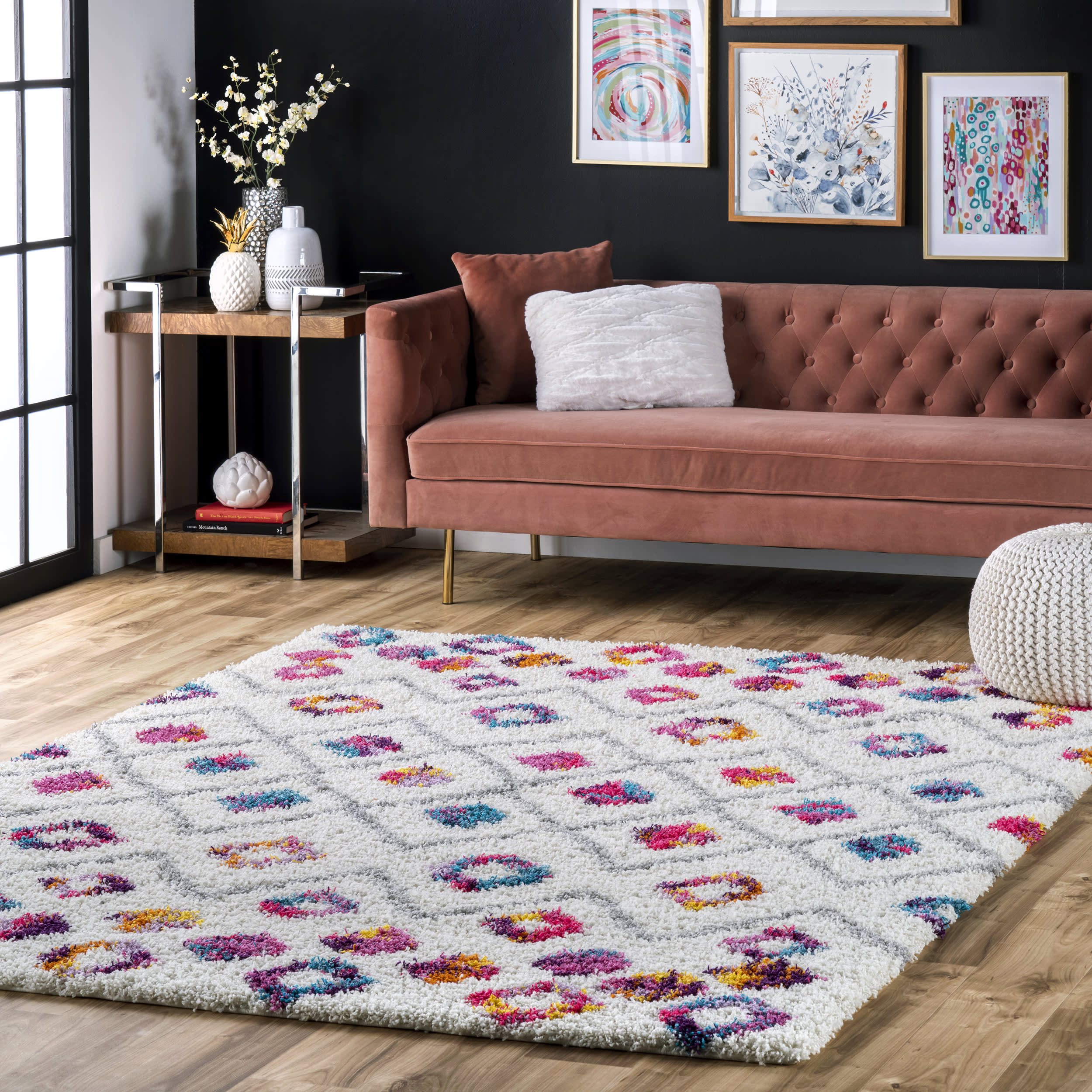 Kids Bohemian Diamond Trellis Shag Rug | Pink - Image 2
