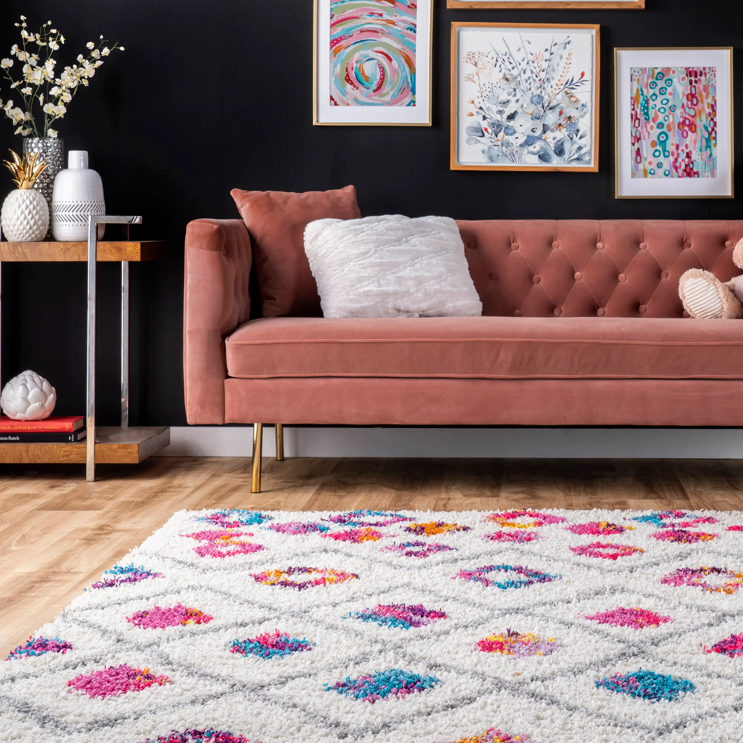 Kids Bohemian Diamond Trellis Shag Rug | Pink - Image 4