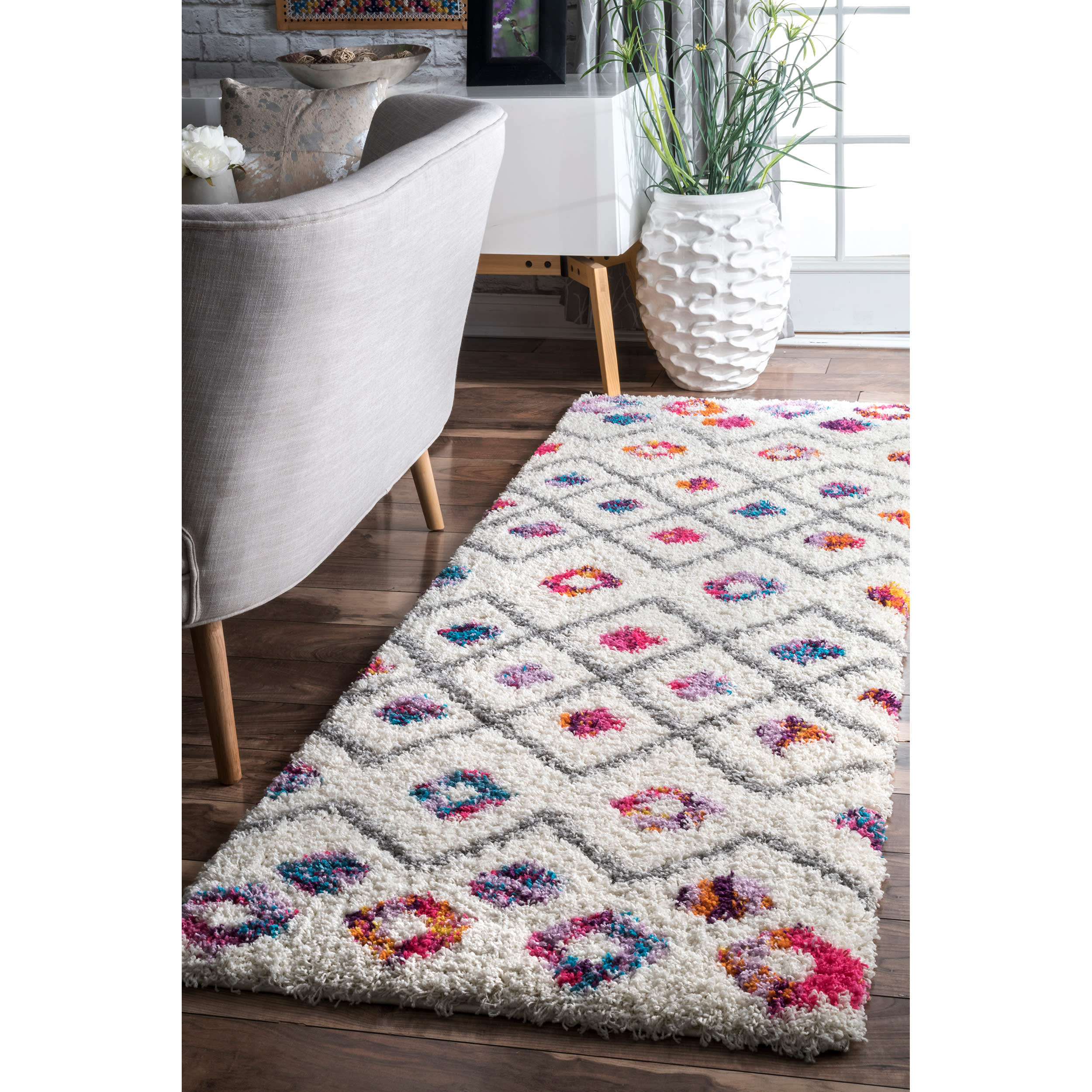 Kids Bohemian Diamond Trellis Shag Rug | Pink - Image 2