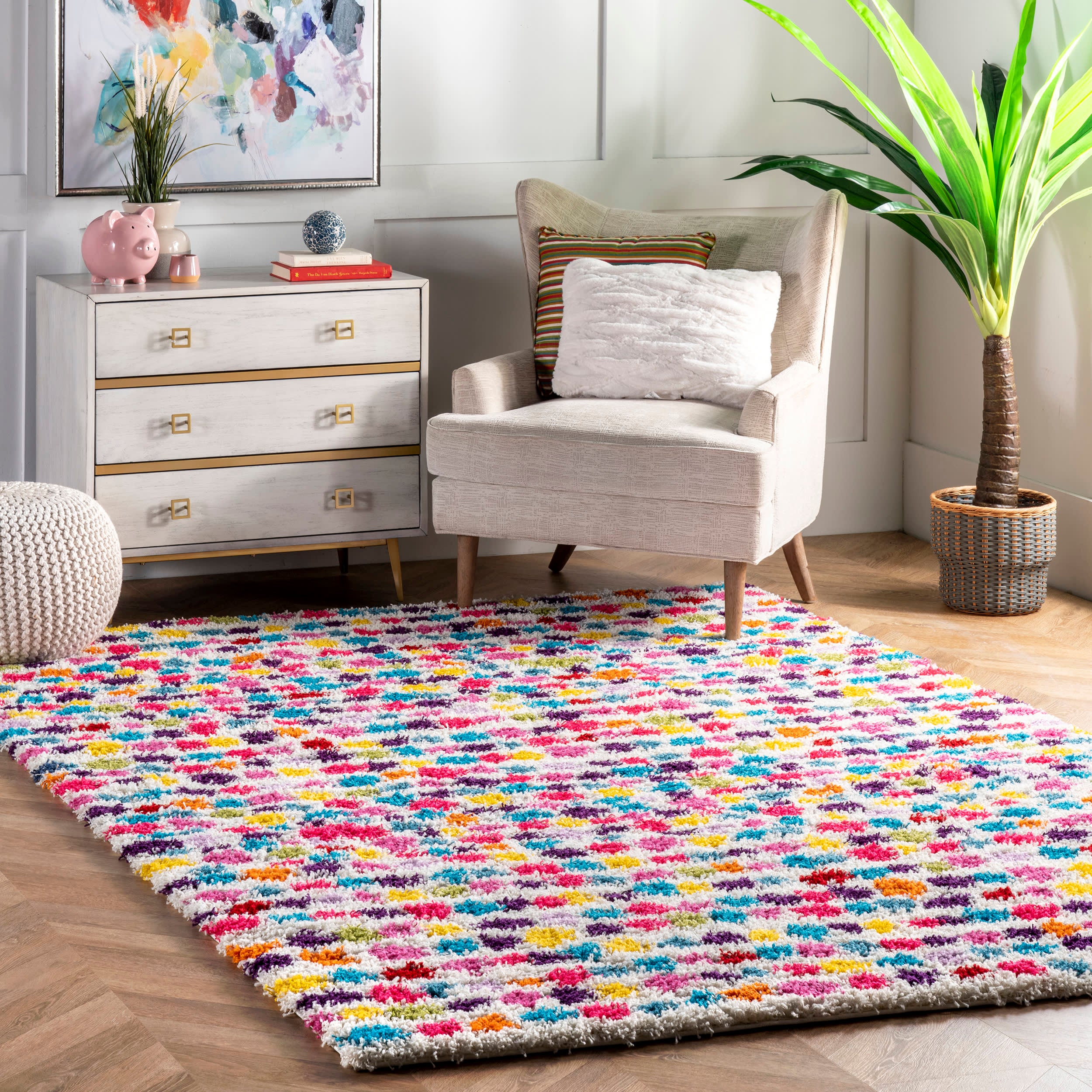 Kids Dotted Striped Shag Rug | Multicolor - Image 2