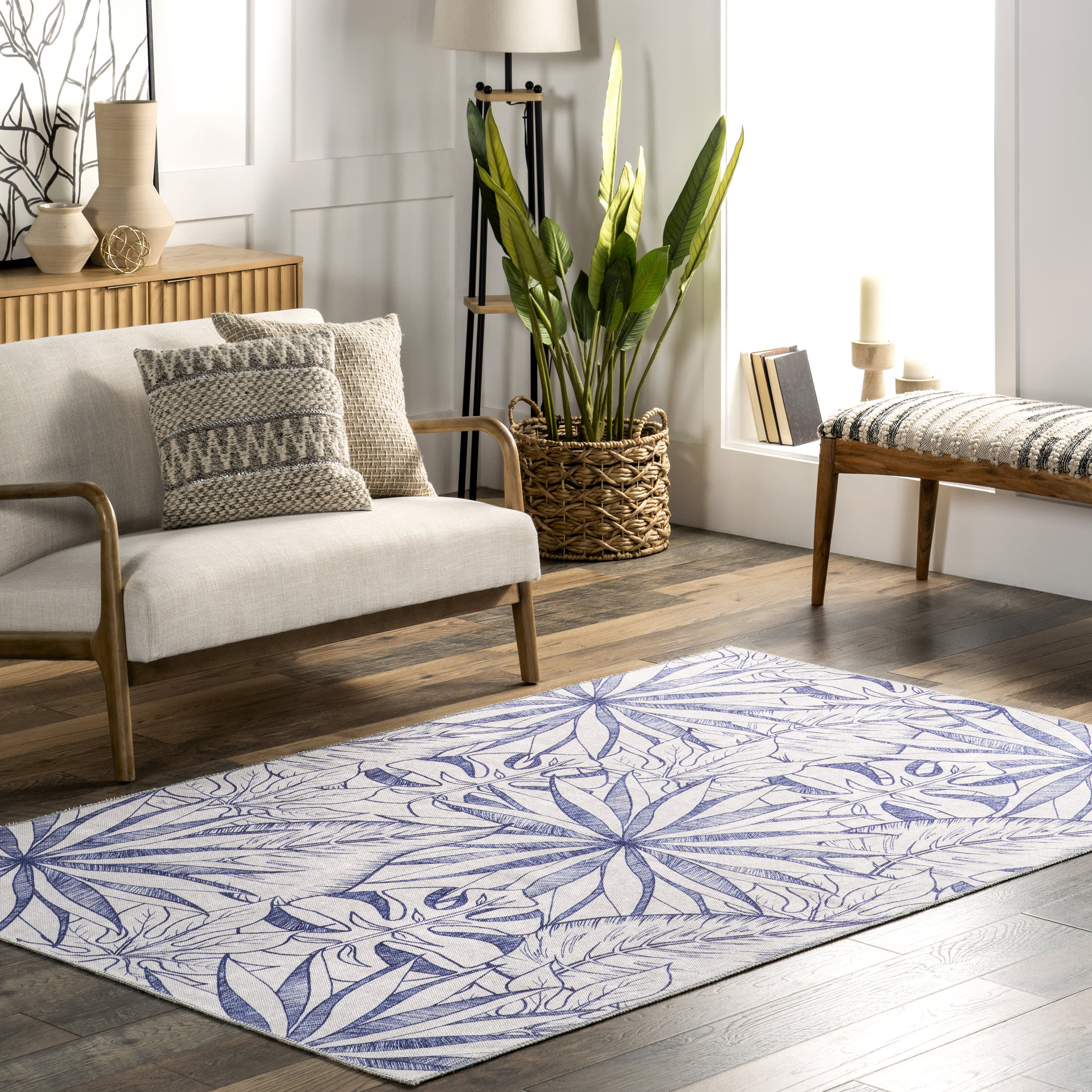 Kienna Reversible Tropical Washable Rug | Navy and Grey - Image 8