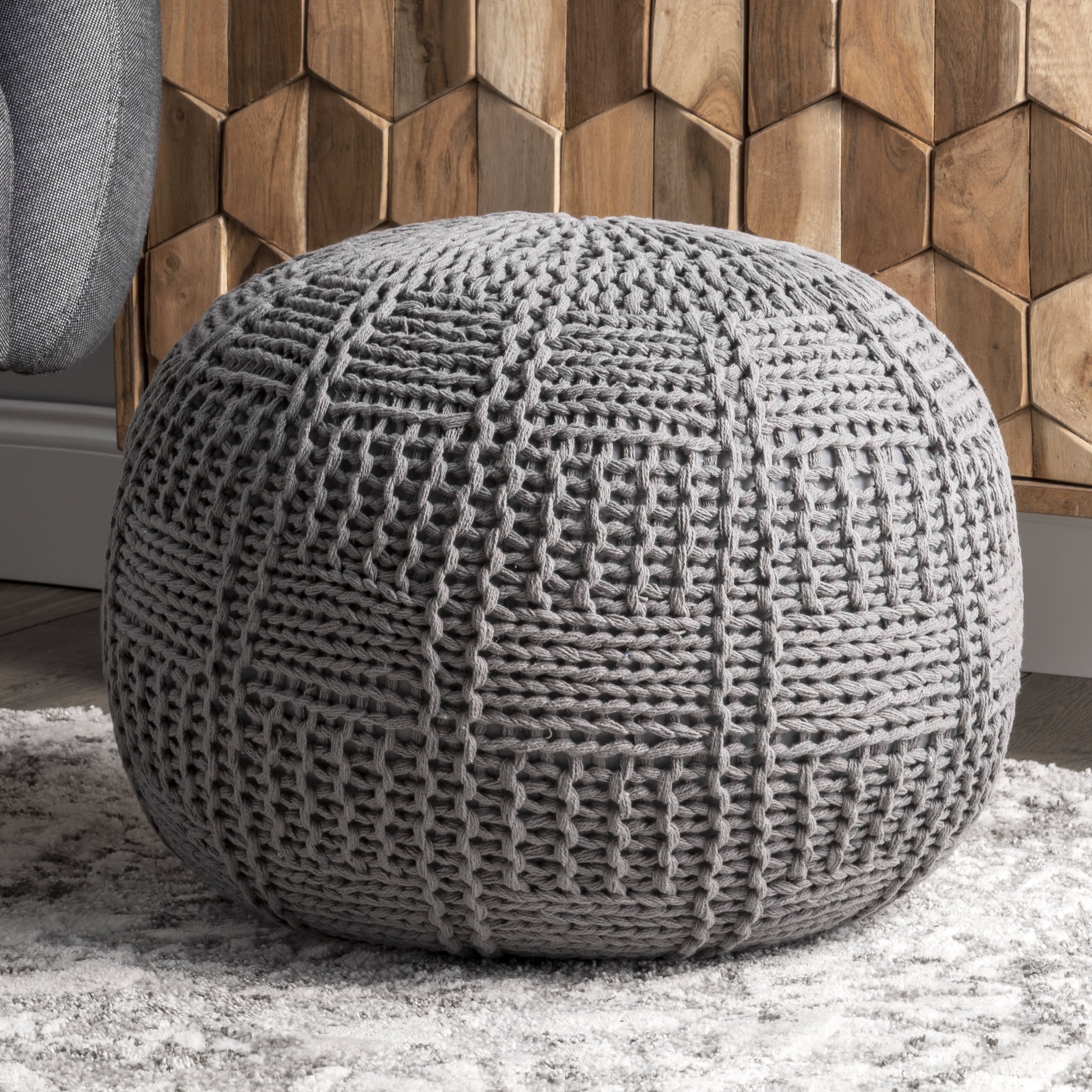 Knitted Cotton Basketweave Pouf | Grey - Image 2