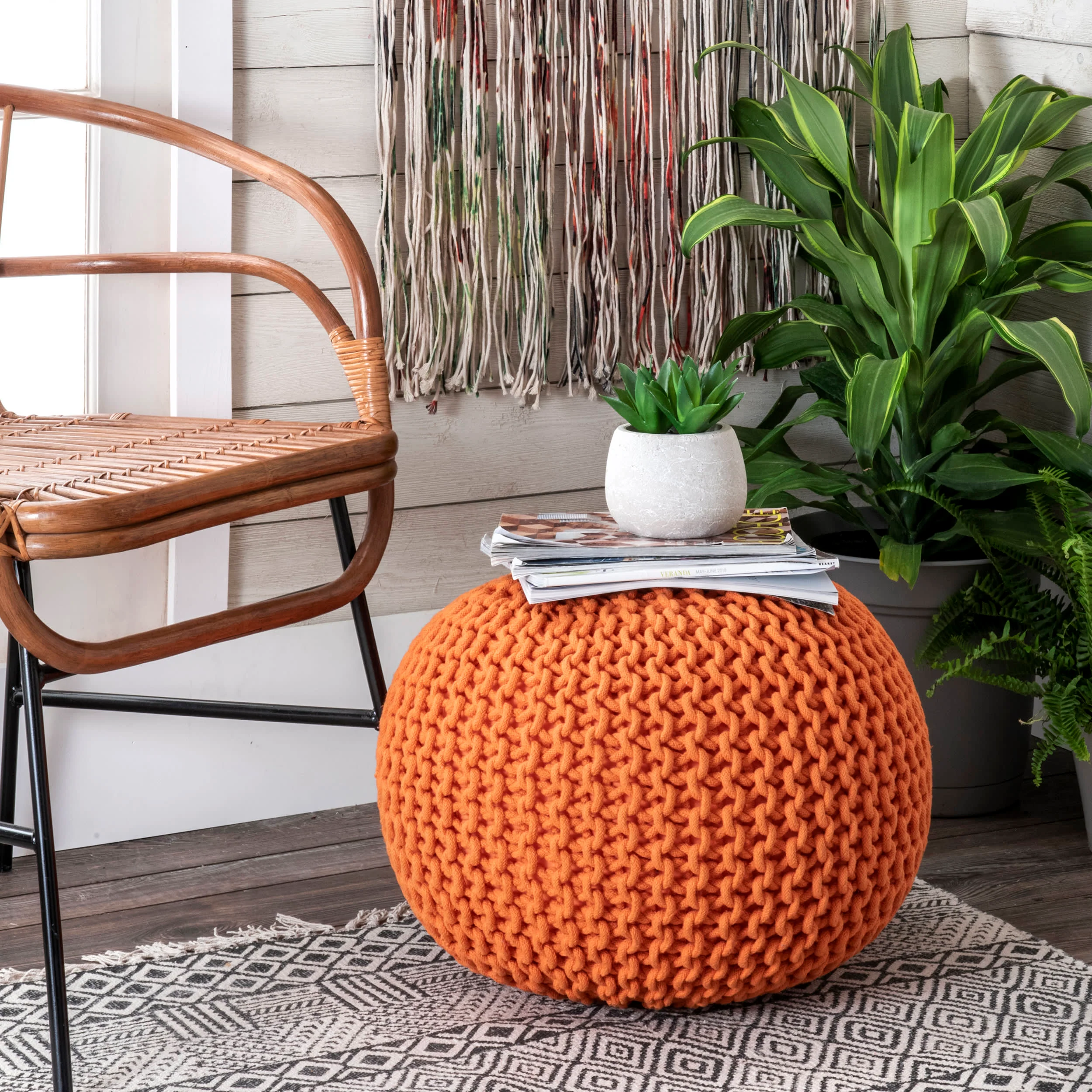Knitted Cotton Pouf | Orange - Image 2