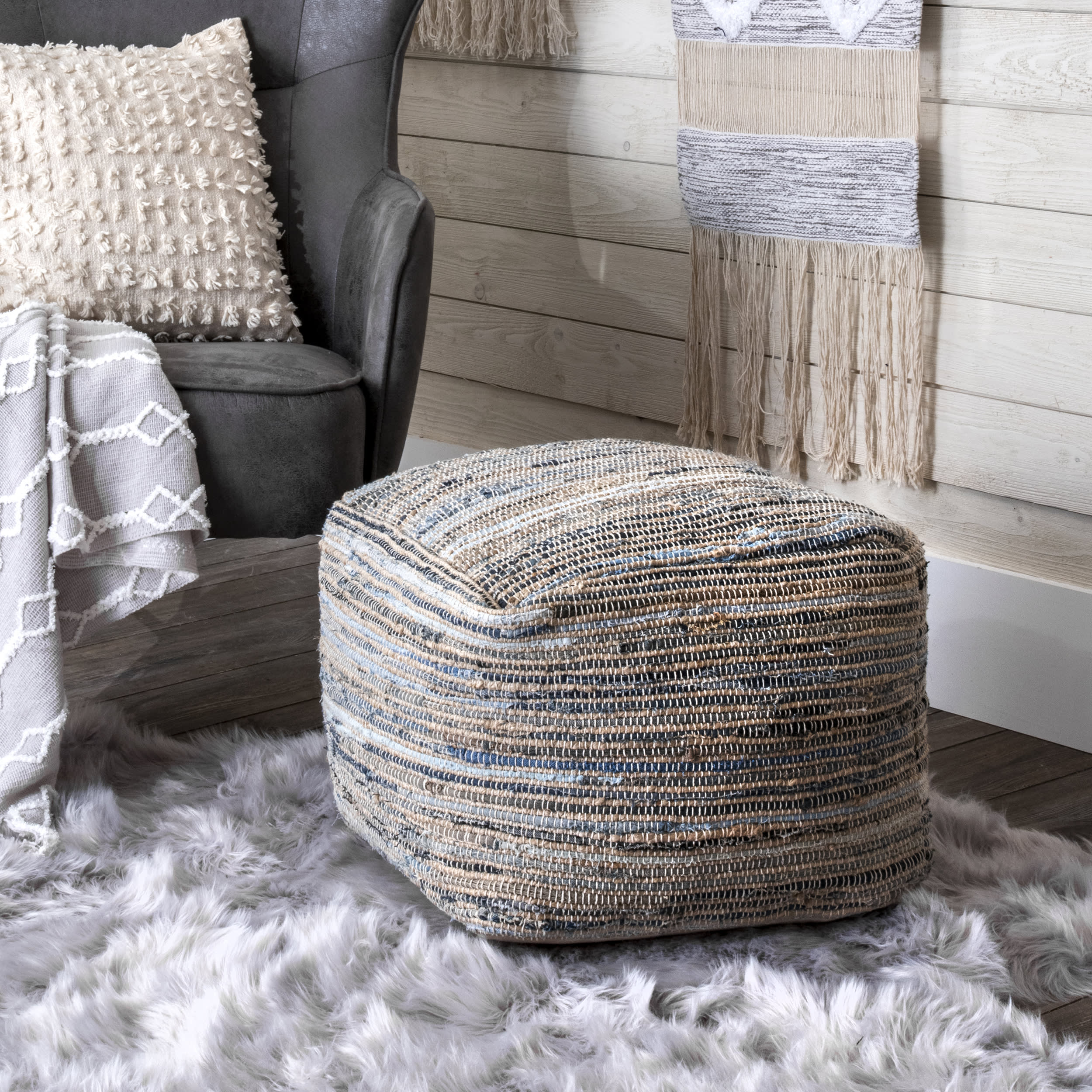 Knitted Jute and Denim Pouf | Natural - Image 2