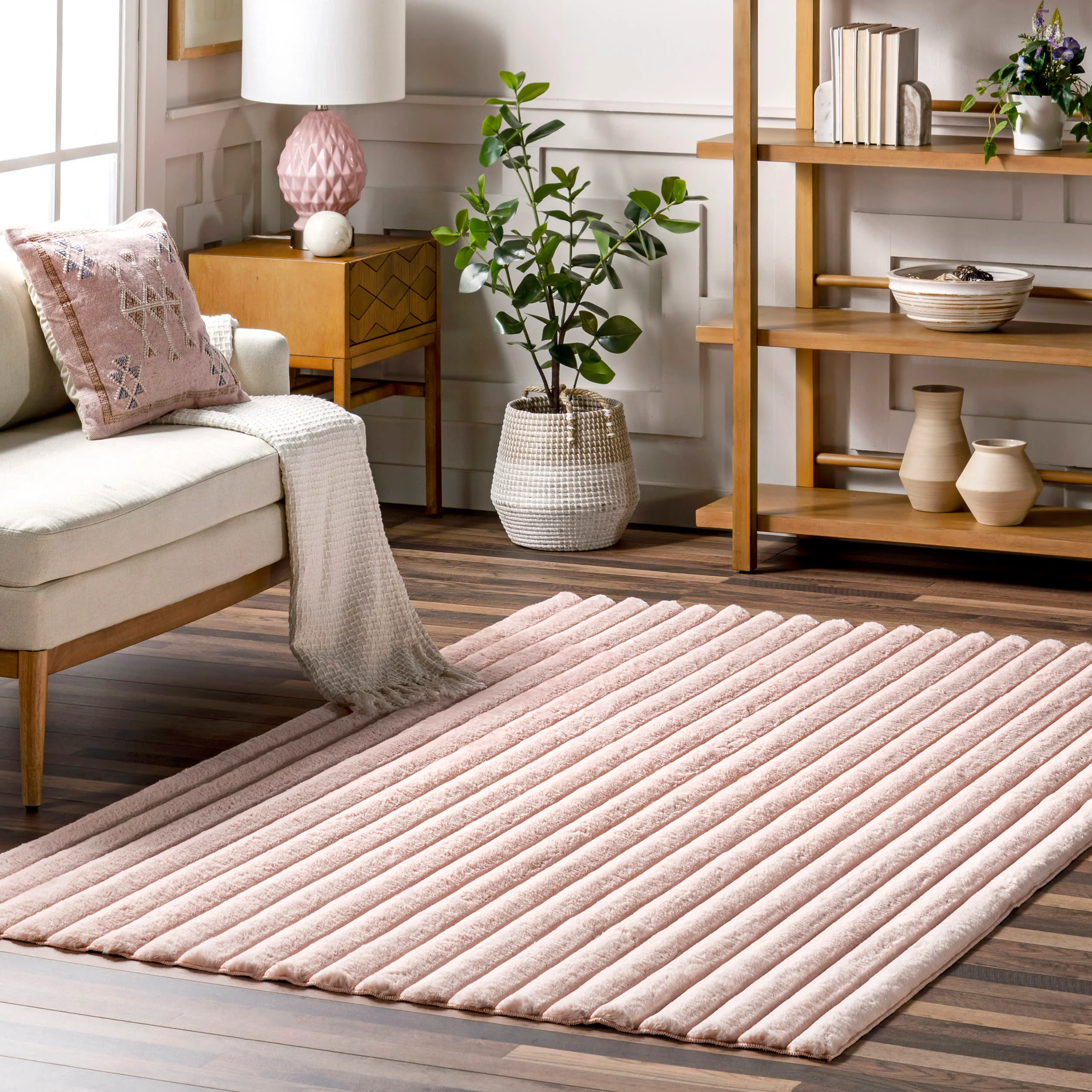 Kris Striped Plush Cloud Washable Rug | Blush - Image 2