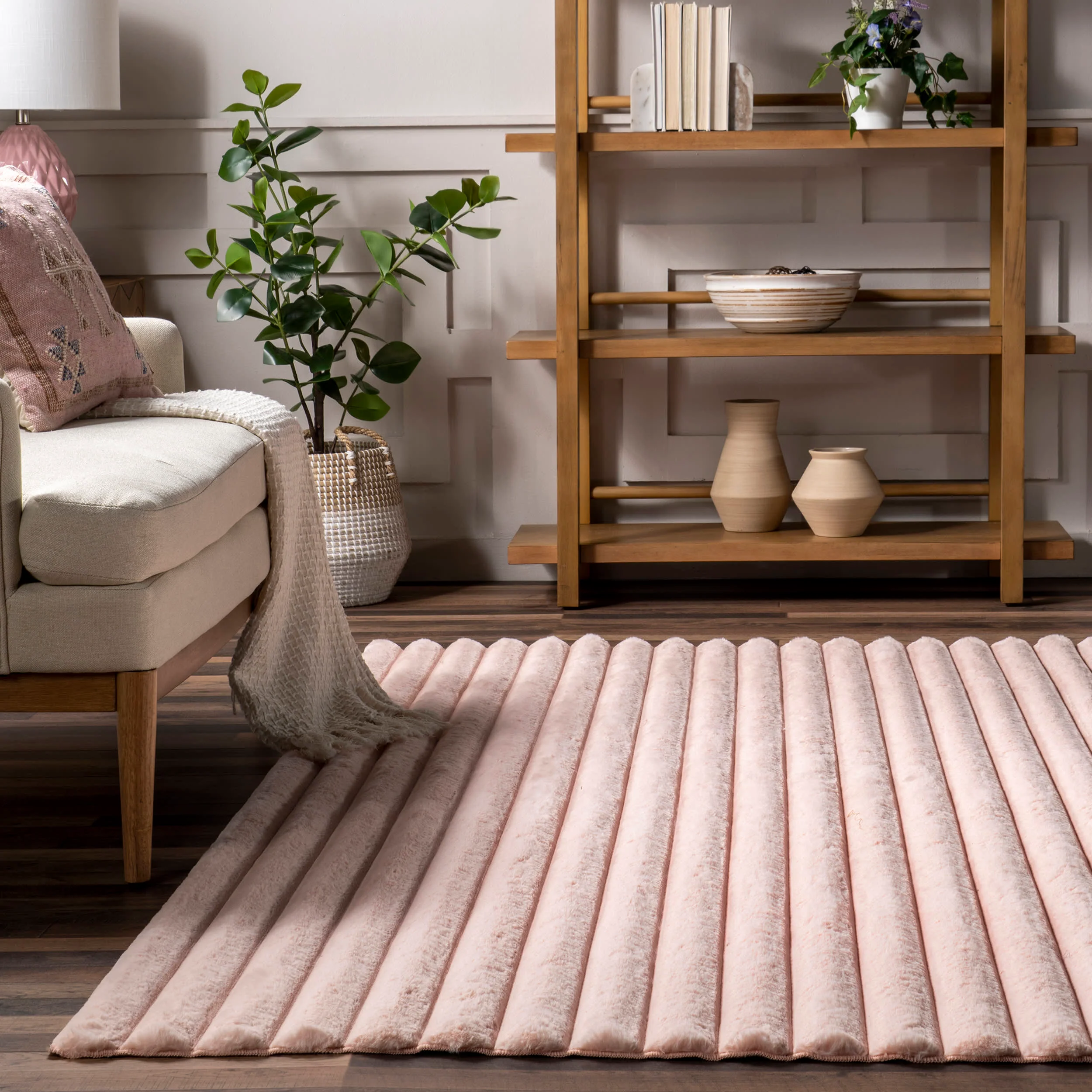 Kris Striped Plush Cloud Washable Rug | Blush - Image 4