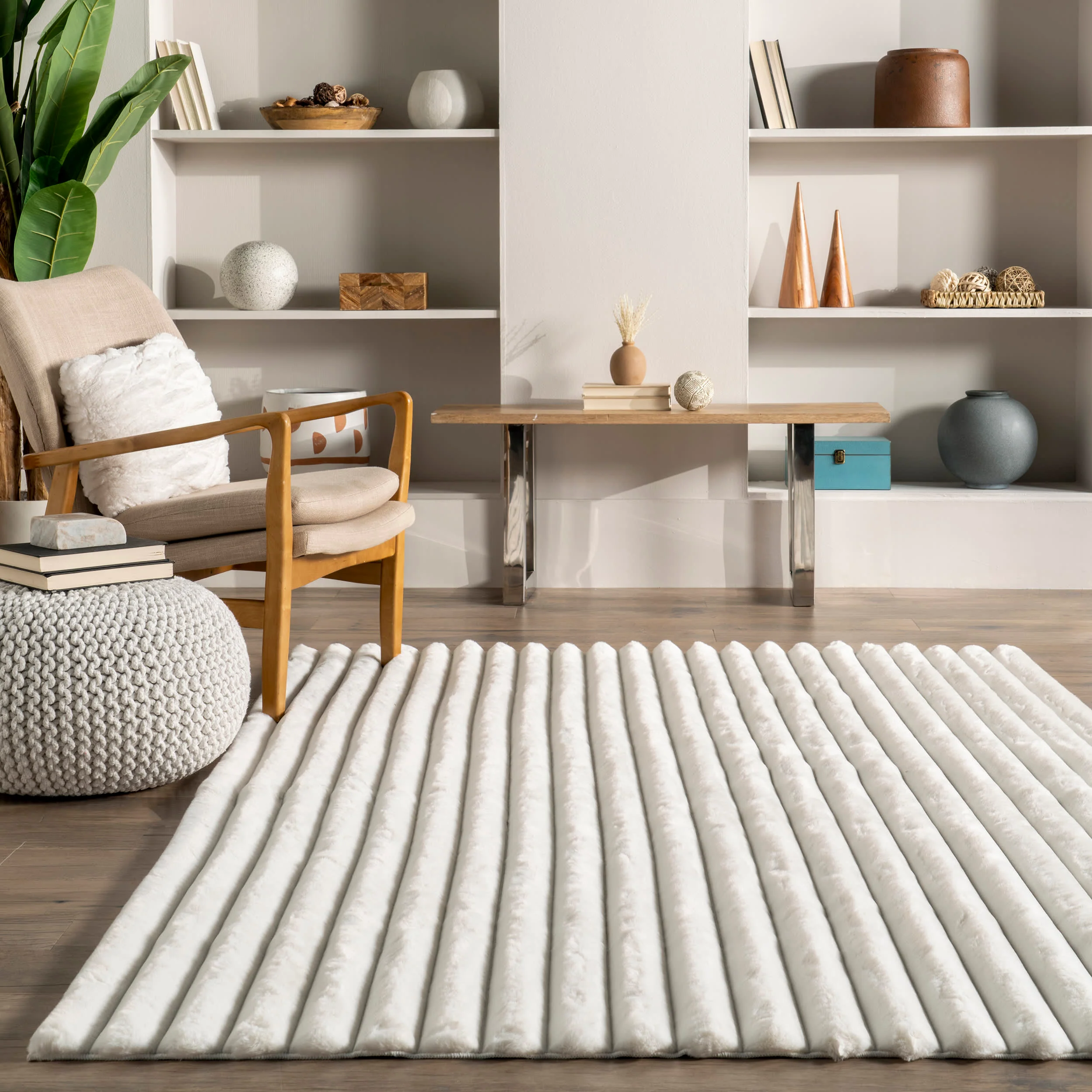 Kris Striped Plush Cloud Washable Rug | Off White - Image 3